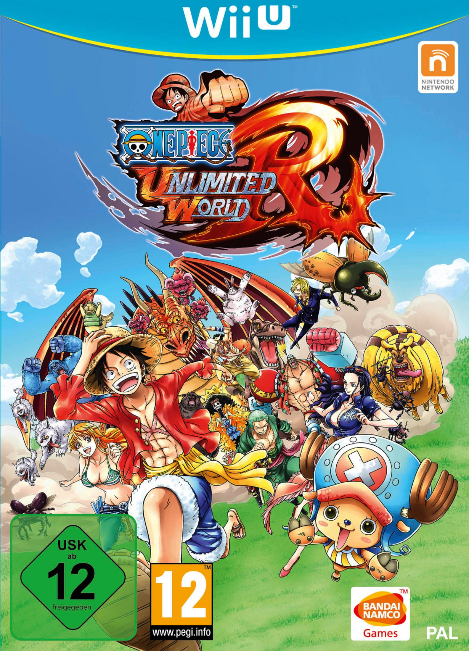 One Piece: Unlimited World Red-Spielcover. Viele Charaktere versammeln sich vor einem farbenfrohen und dynamischen Hintergrund.