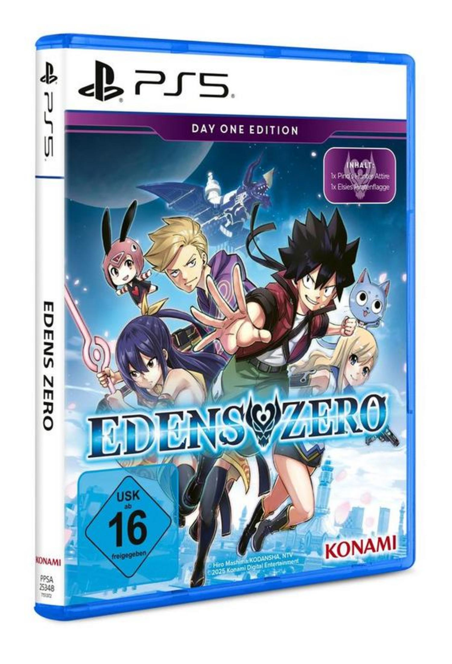 Edens Zero PS5 Day One Edition-Spielcover mit Anime-Charakteren und einem futuristischen Stadtbild im Hintergrund.
