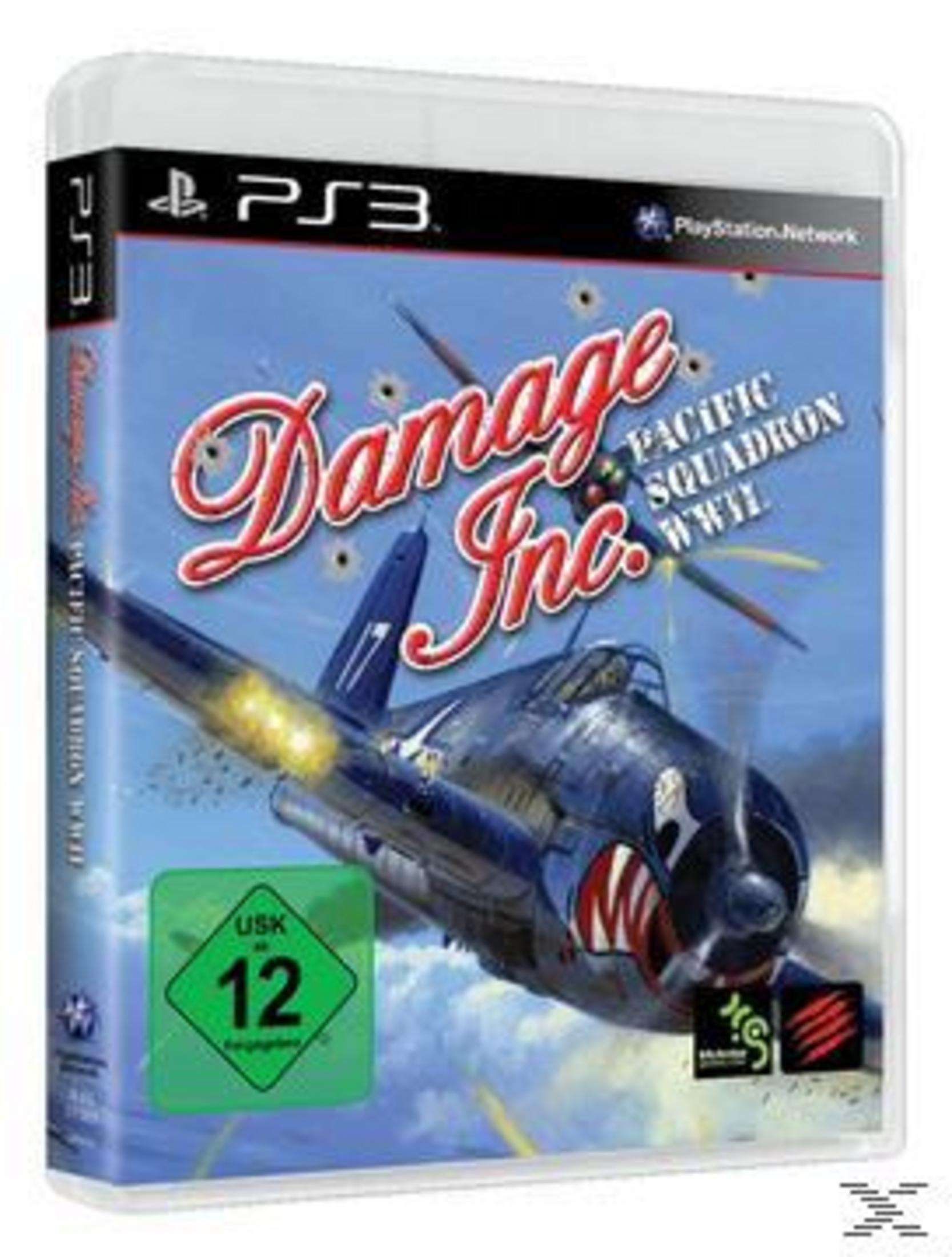 Die PS3-Spielhülle für Damage Inc. zeigt ein blaues Kampfflugzeug mit Zähnen vor blauem Himmel.