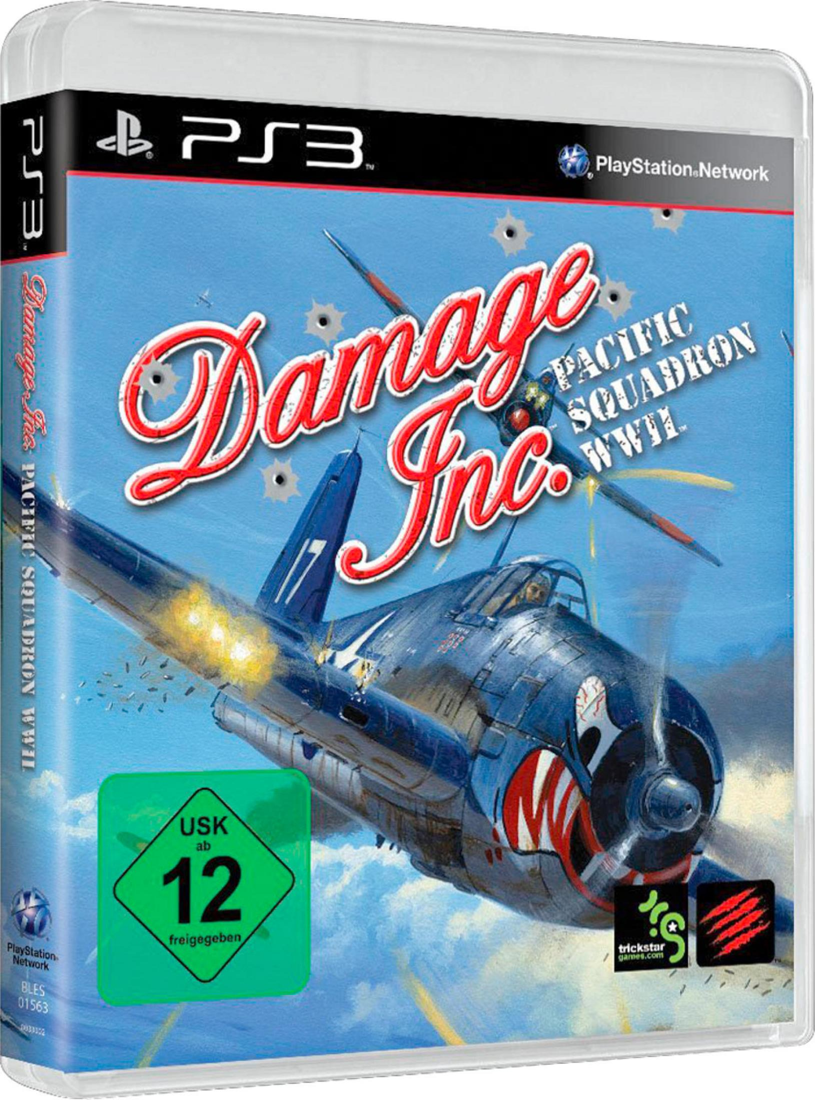 Die PS3-Spielhülle für Damage Inc. zeigt ein blaues Kampfflugzeug mit Zähnen vor blauem Himmel.