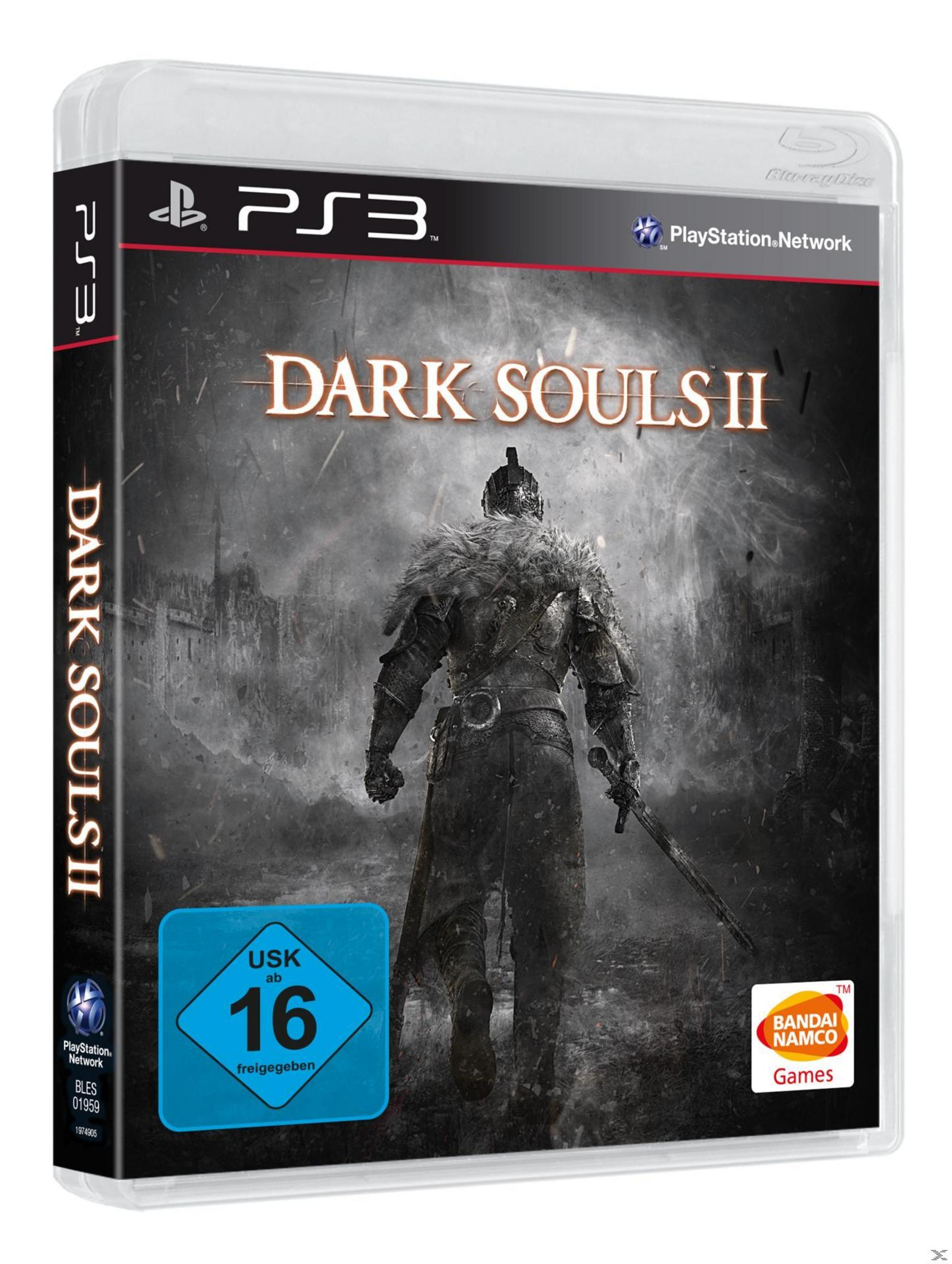 Dark Souls II-Spielcover mit einem gepanzerten Ritter, der ein Schwert hält, vor einem dunklen, nebligen Hintergrund.