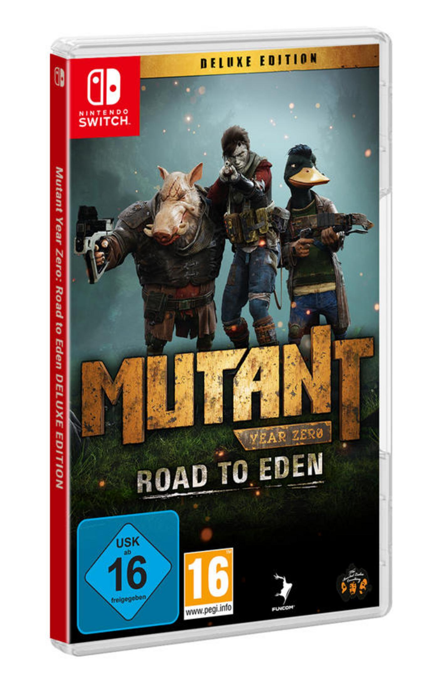 Das Cover der Mutant Year Zero: Road to Eden Deluxe Edition zeigt drei bewaffnete Mutantencharaktere in einer grünen, verwilderten Umgebung.