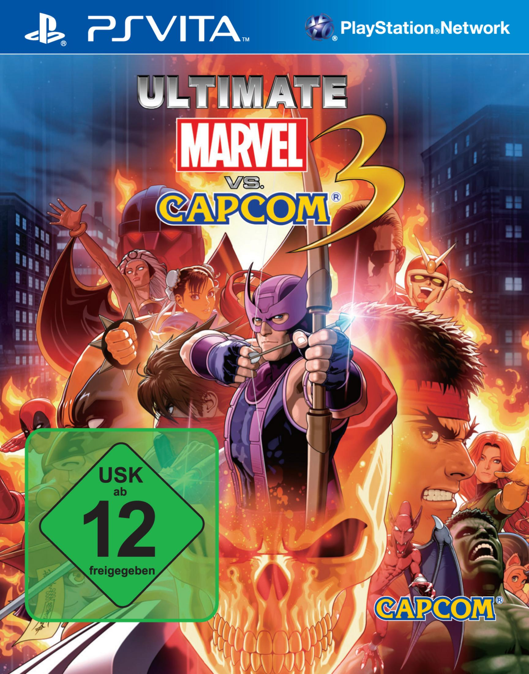 Ultimate Marvel vs Capcom 3-Spielcover, das verschiedene Marvel- und Capcom-Charaktere in Aktion zeigt.