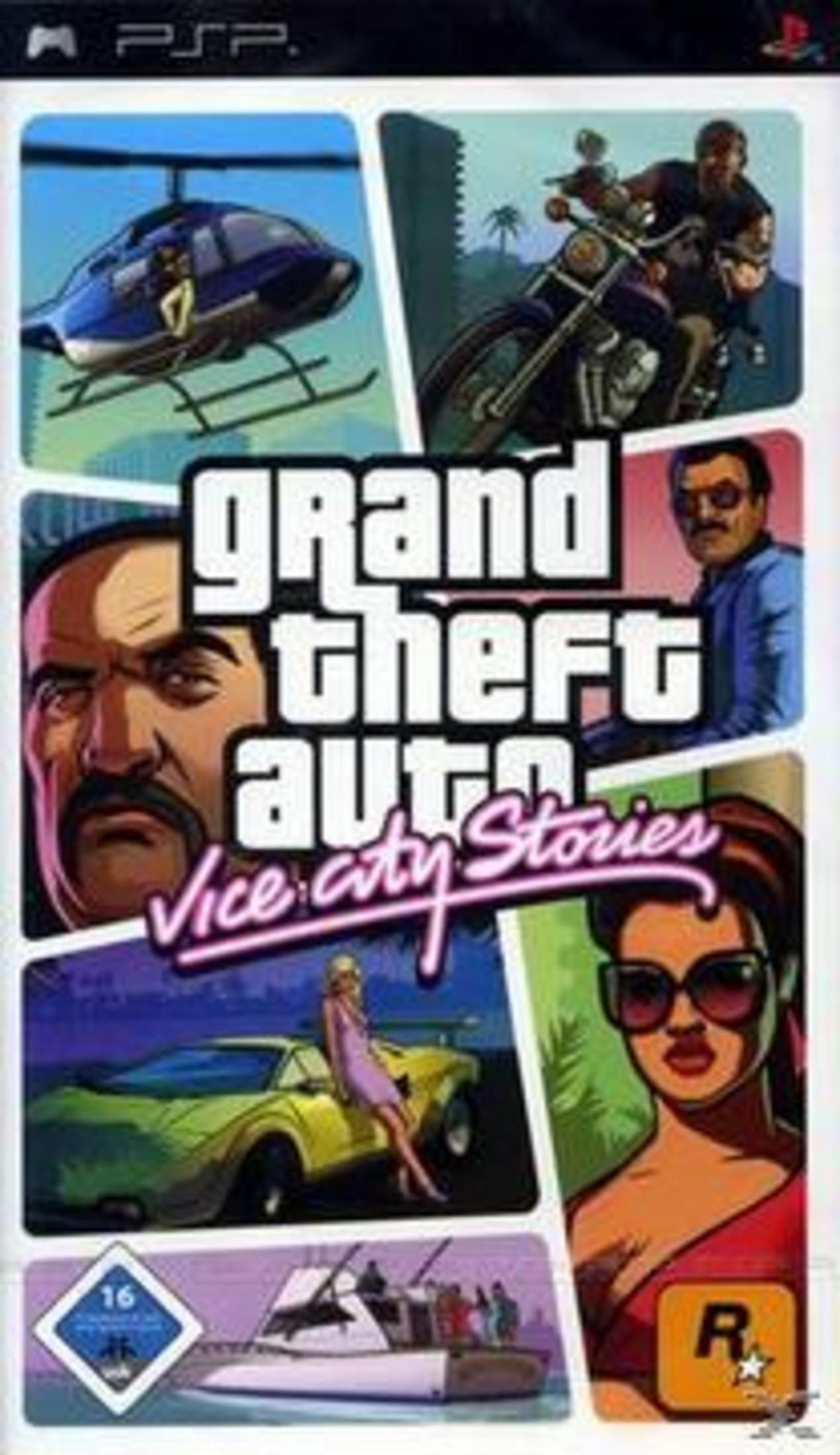 Grand Theft Auto: Vice City Stories-Spielcover mit Charakteren, Fahrzeugen und dem Spielelogo.