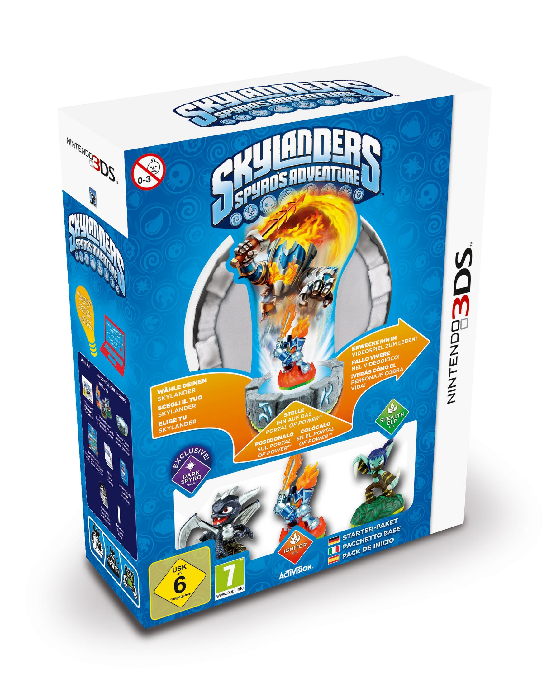 Skylanders: Spyro's Adventure-Cover mit verschiedenen Skylander-Charakteren und dem Spielelogo auf blauem Hintergrund.