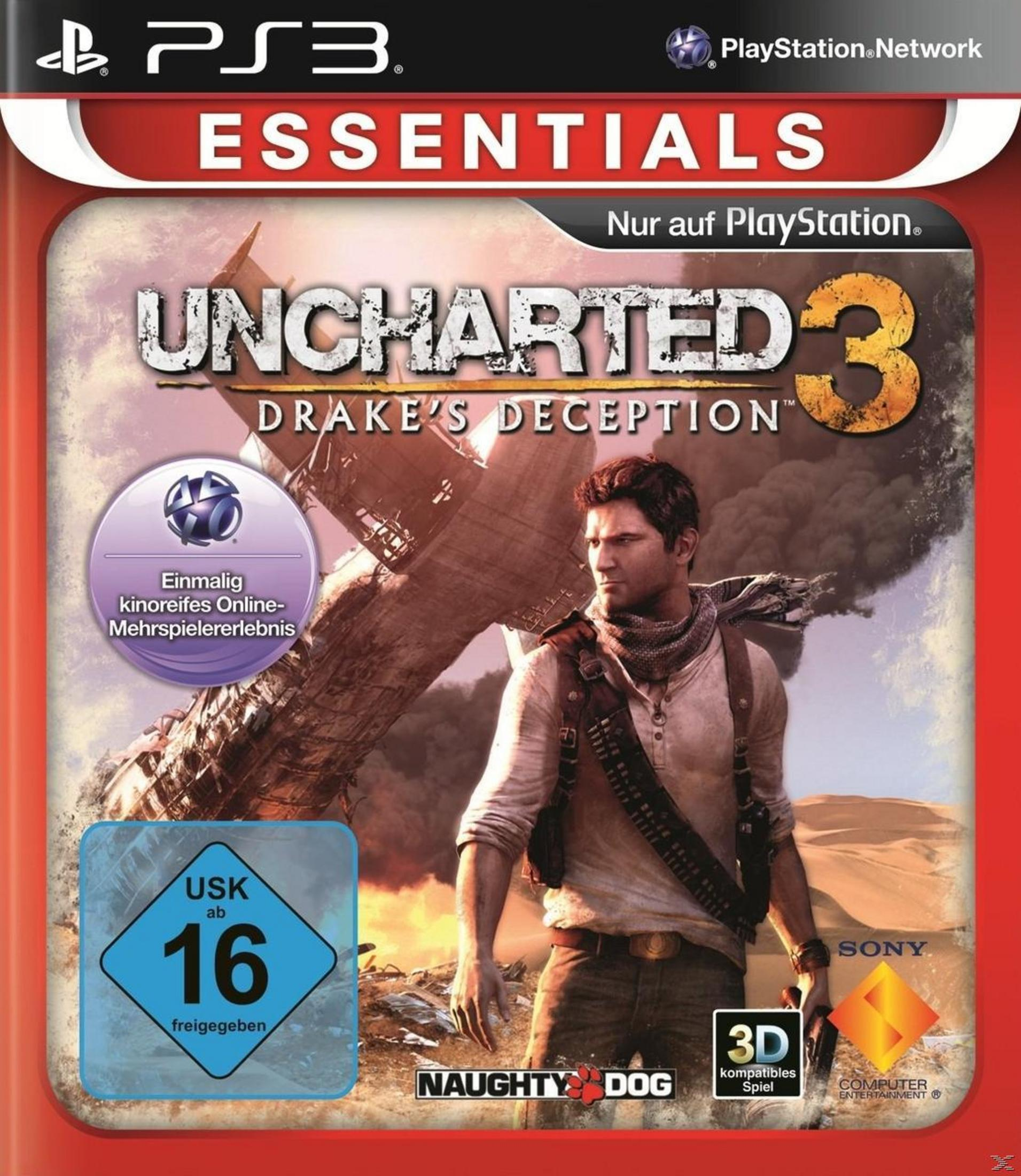 Uncharted 3: Drake's Deception PS3-Spielcover mit Nathan Drake in einer Wüste mit einem abgestürzten Flugzeug.