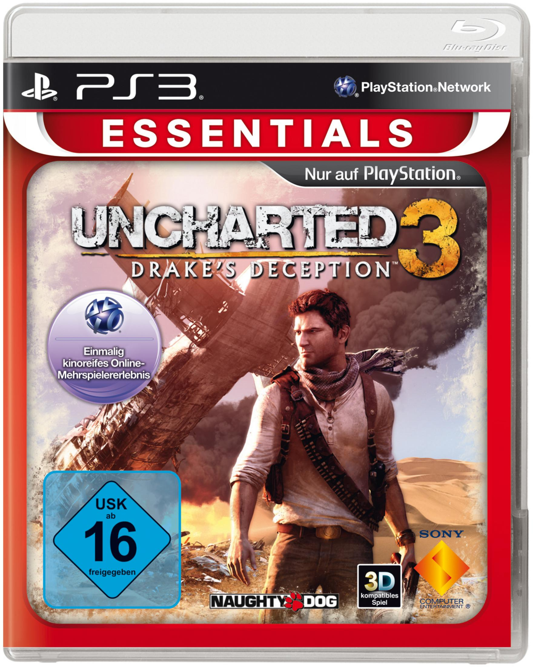 Uncharted 3: Drake's Deception PS3-Spielcover mit Nathan Drake in einer Wüste mit einem abgestürzten Flugzeug.