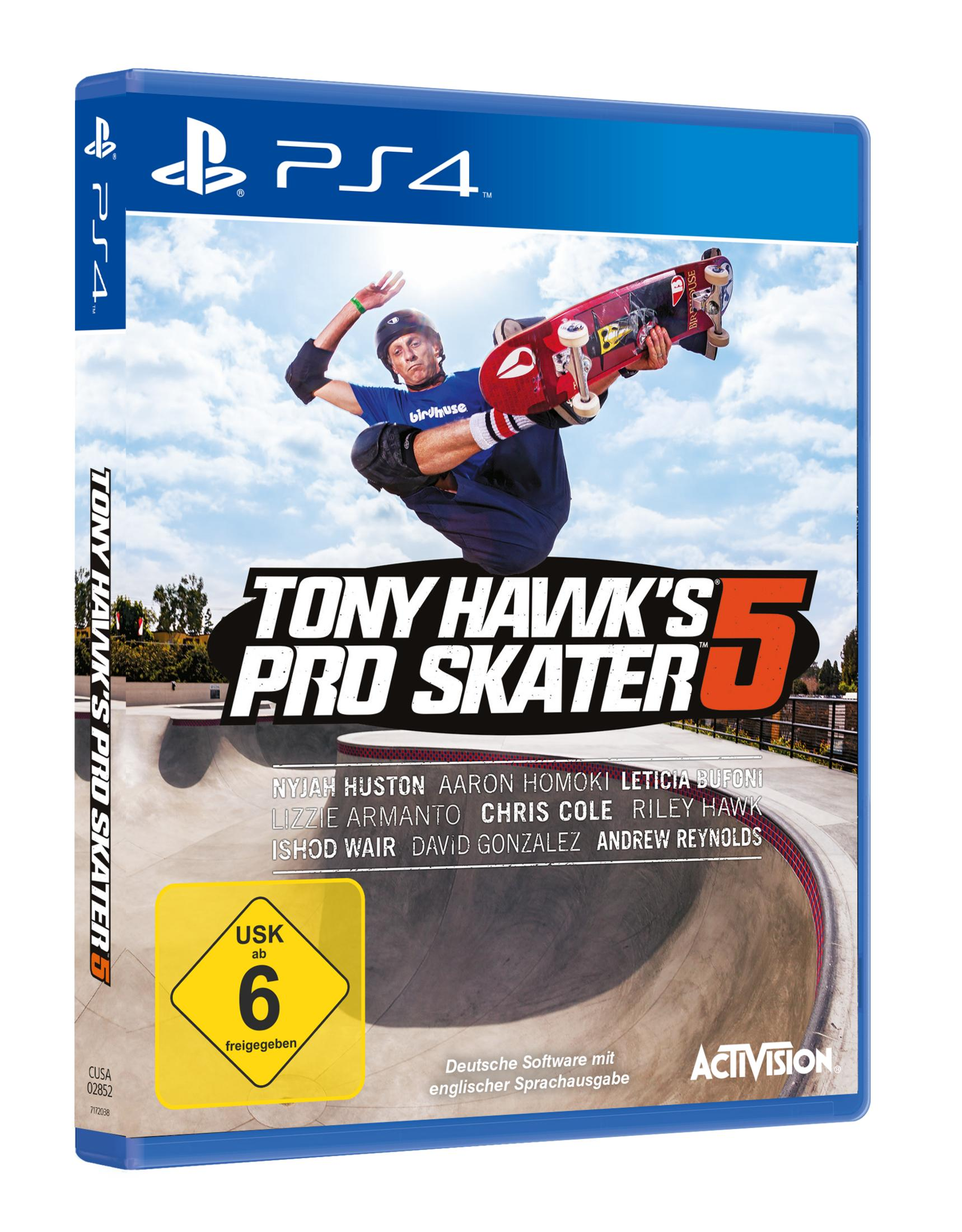 Spielcover mit einem Skateboarder in der Luft vor einem Skatepark, das für das Spiel 'Tony Hawk's Pro Skater 5' wirbt.