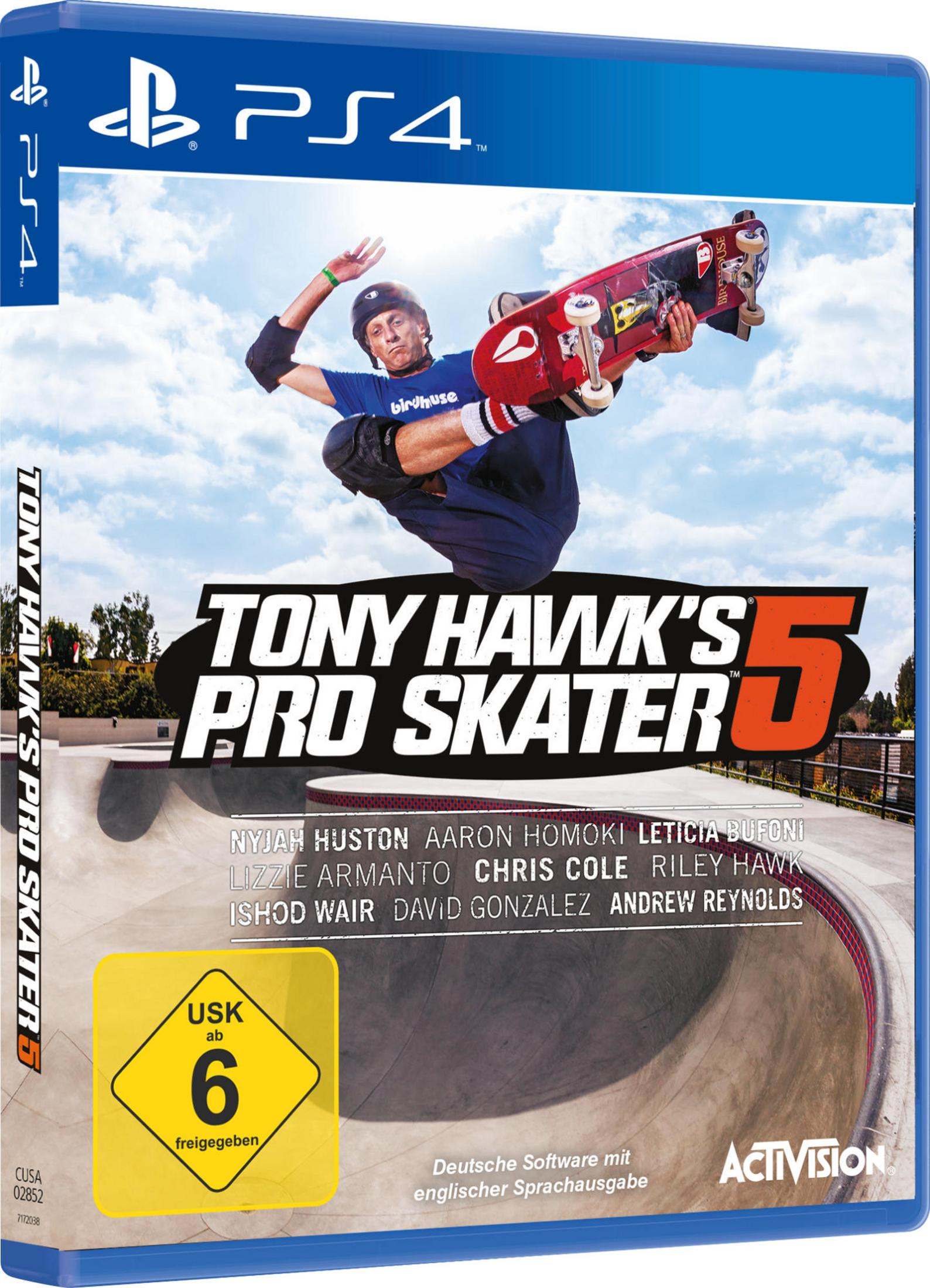 Spielcover mit einem Skateboarder in der Luft vor einem Skatepark, das für das Spiel 'Tony Hawk's Pro Skater 5' wirbt.
