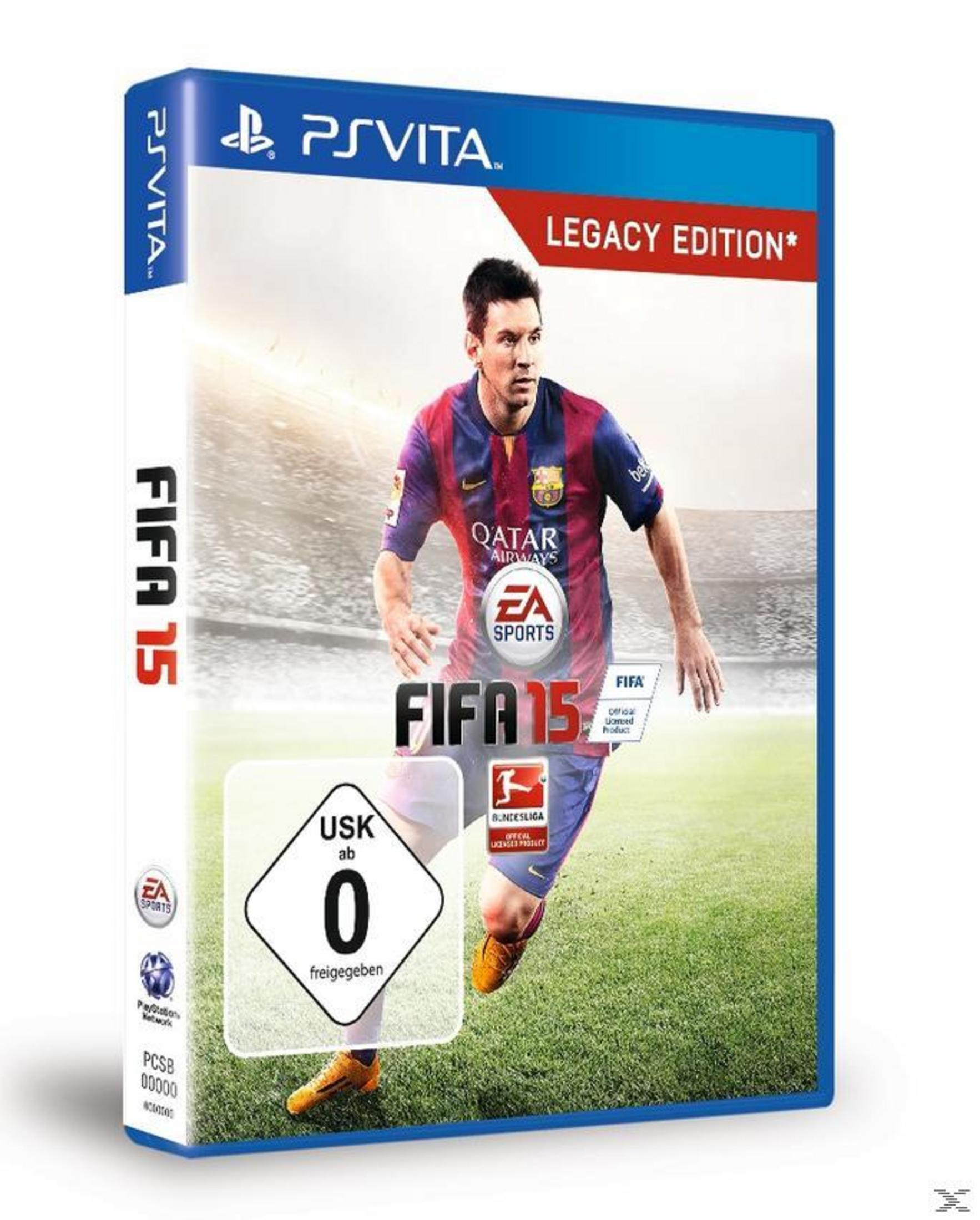 FIFA 15 Legacy Edition für PS Vita, zeigt Lionel Messi im Barcelona-Trikot auf einem Fußballfeld.