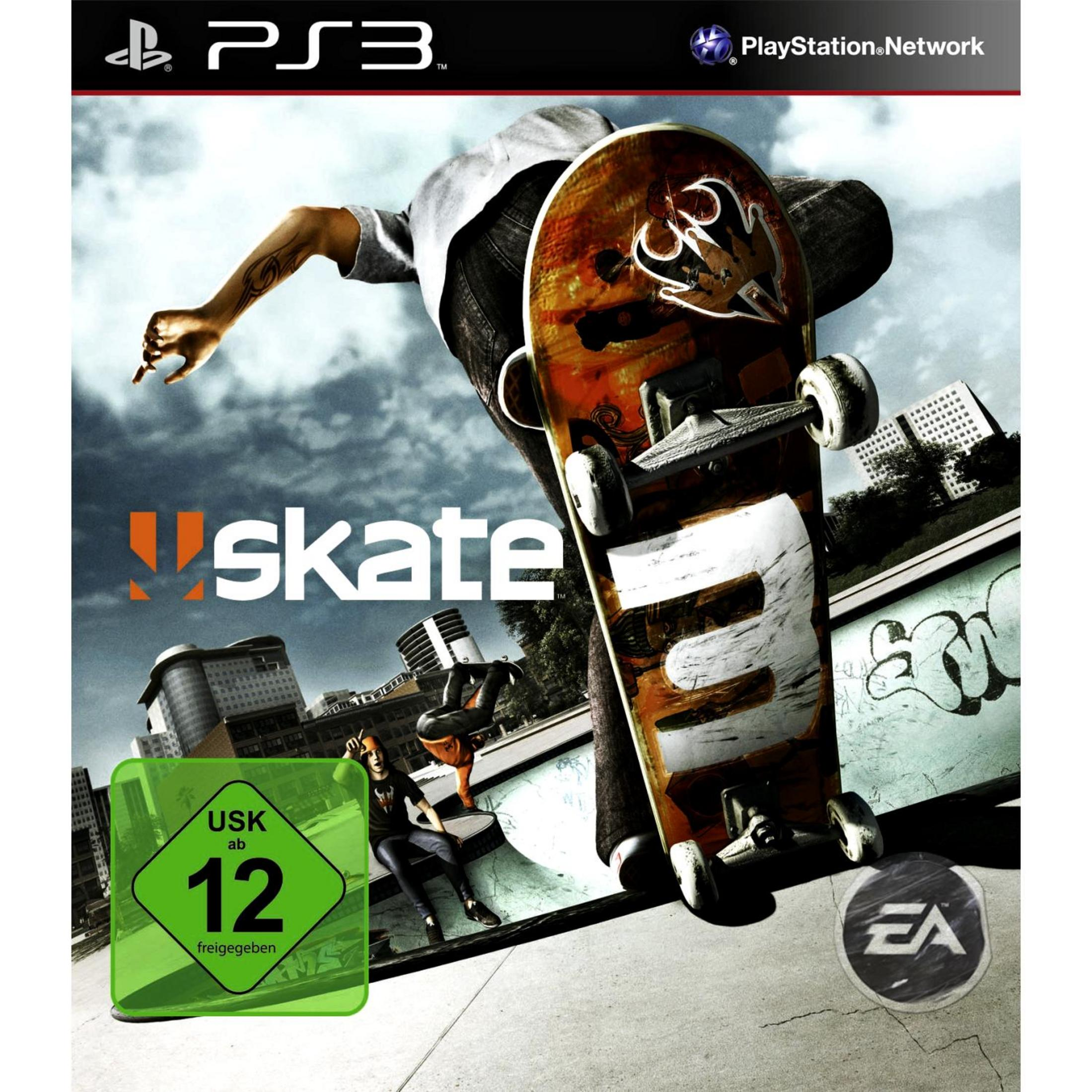 Skate 3-Videospielcover mit einem Skateboarder, der einen Trick vor einer urbanen Kulisse vorführt.