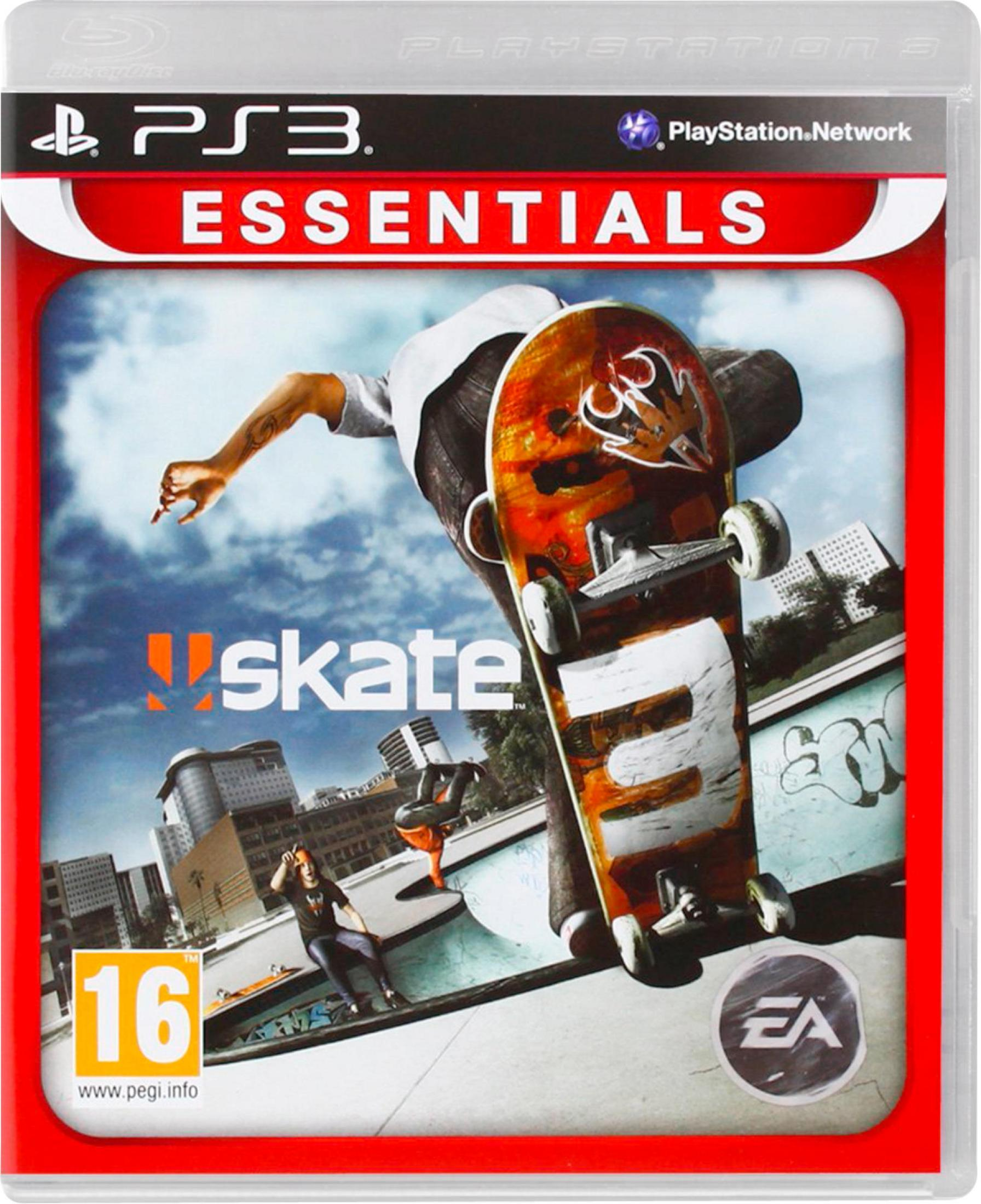 Skate-Videospielcover mit einem Skateboarder, der einen Trick vor einer urbanen Kulisse vorführt.