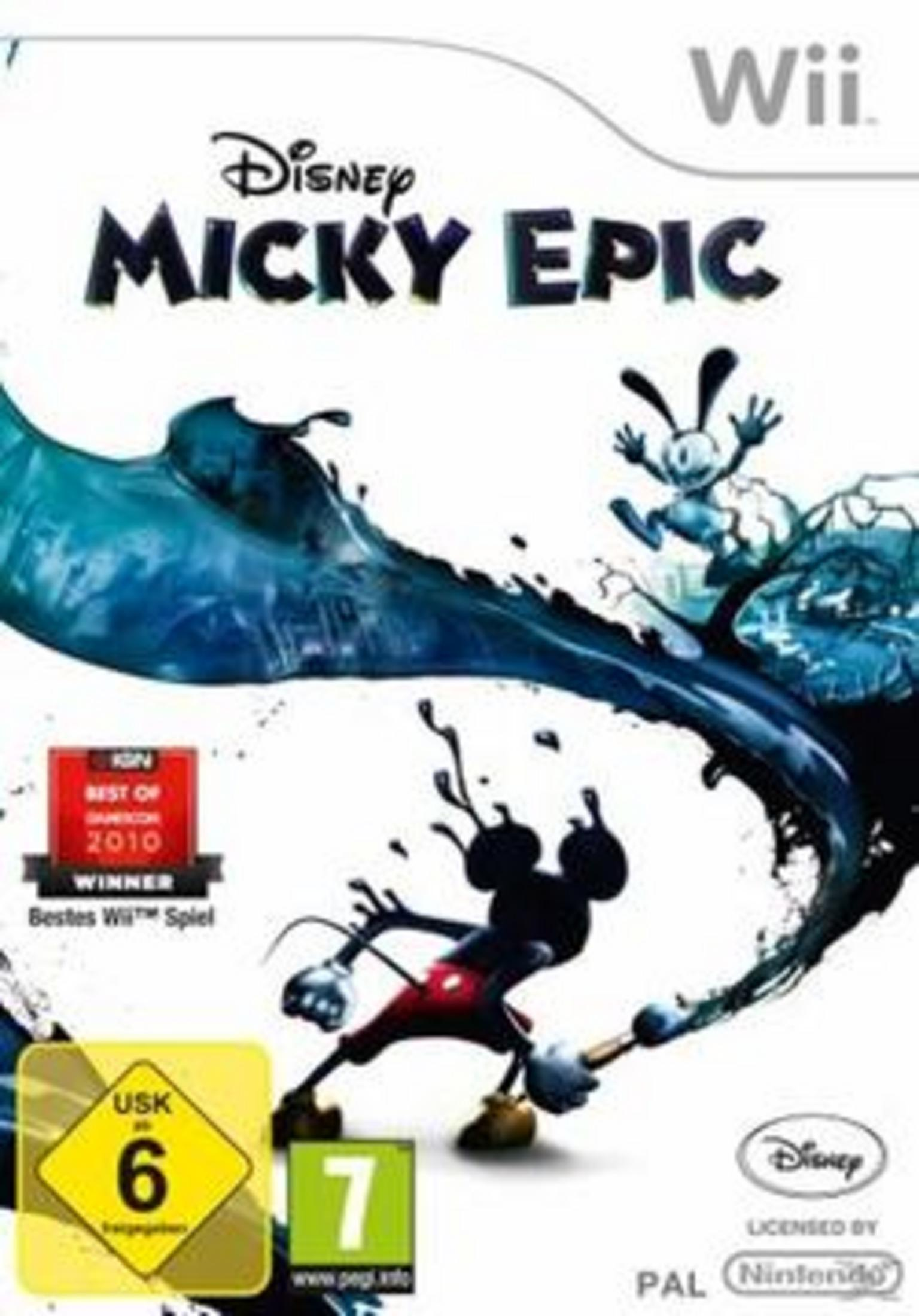 Das Cover des Spiels Disney's Micky Epic zeigt Micky Maus mit einem Pinsel und Oswald.