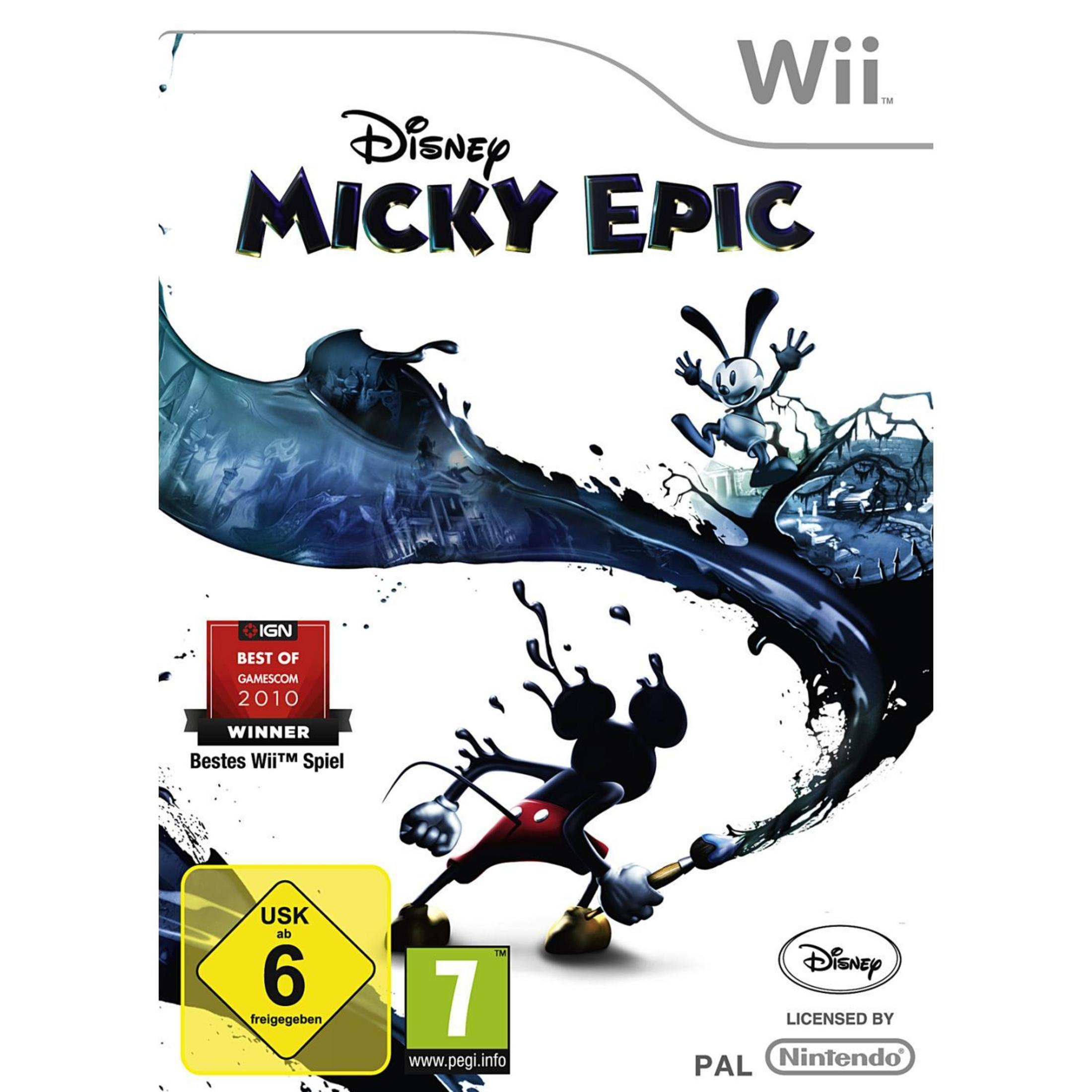Das Cover des Spiels Disney's Micky Epic zeigt Micky Maus mit einem Pinsel und Oswald.