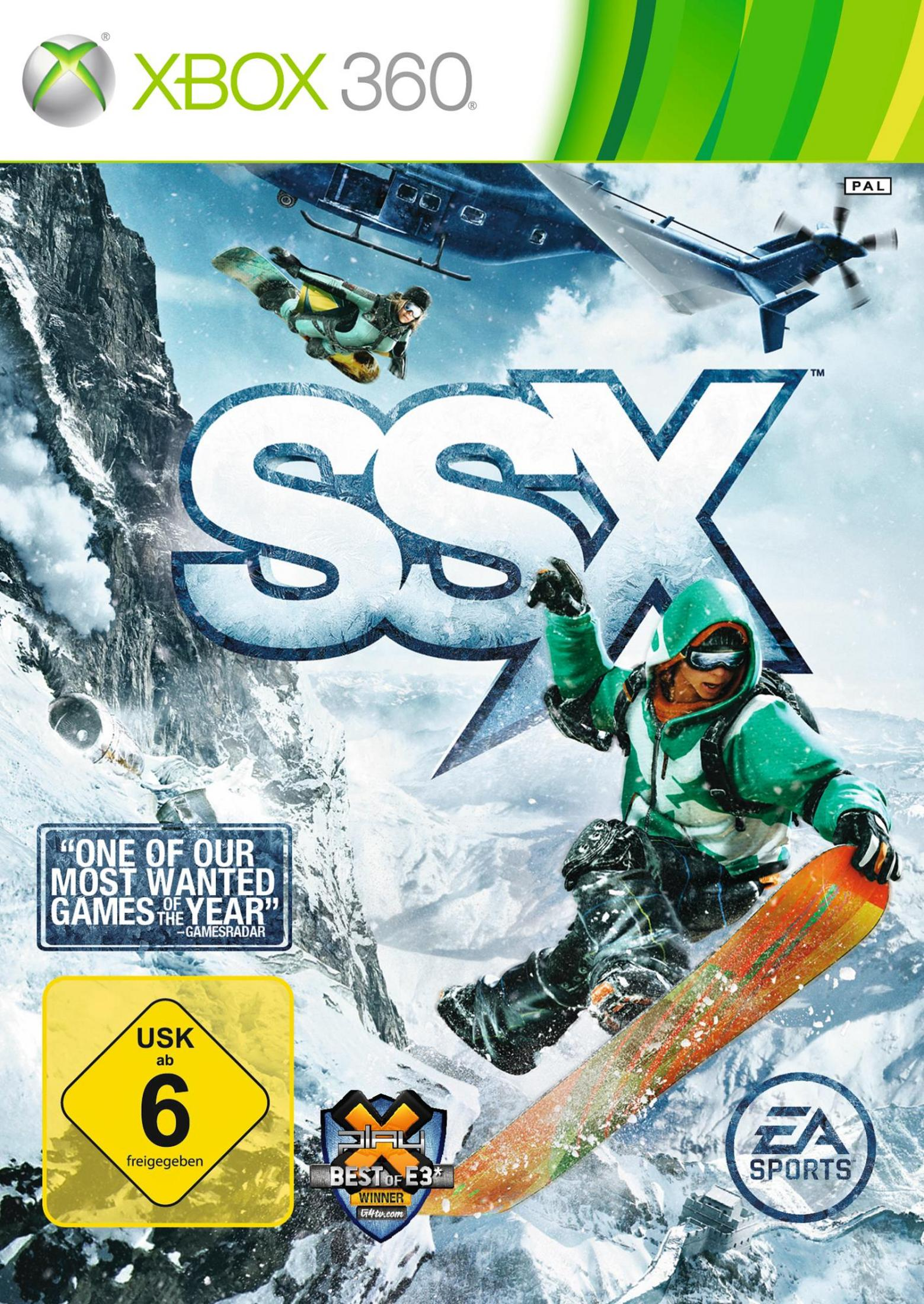 Das Xbox 360-Spielcover "SSX" zeigt einen Snowboarder in Aktion vor einer verschneiten Bergkulisse.