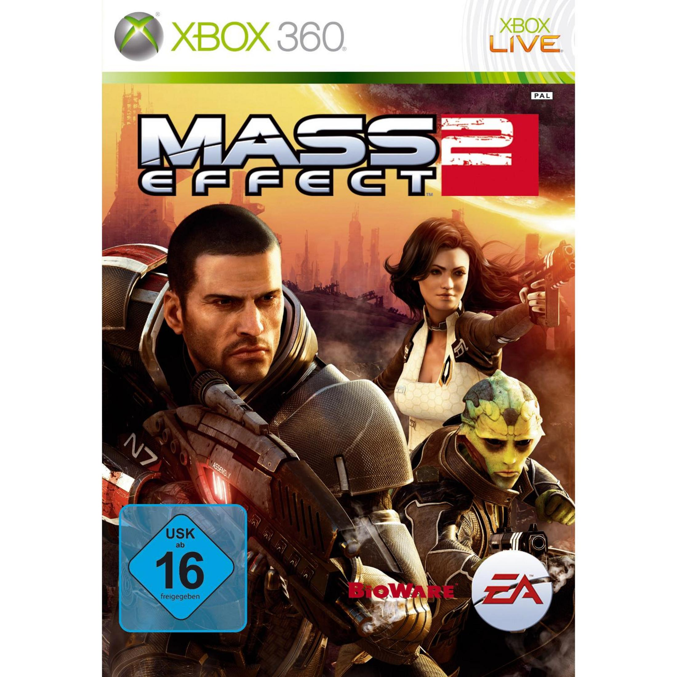 Das Bild zeigt das Cover des Xbox 360-Spiels Mass Effect 2 mit Charakteren und Waffen.