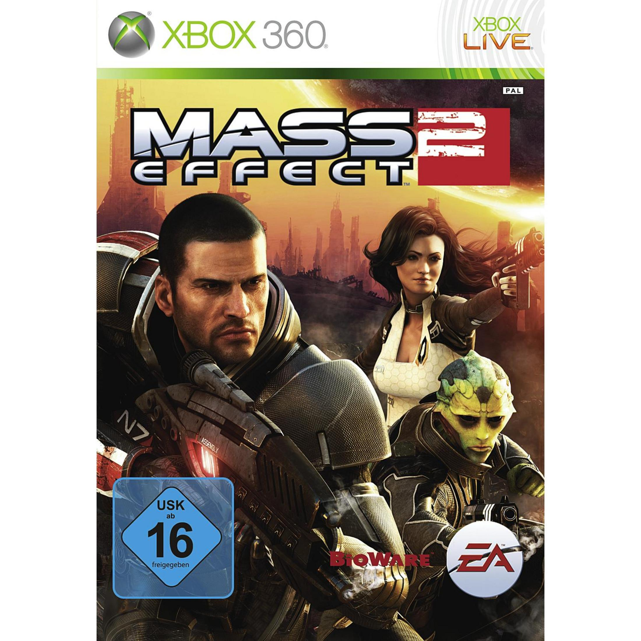 Das Bild zeigt das Cover des Xbox 360-Spiels Mass Effect 2 mit Charakteren und Waffen.