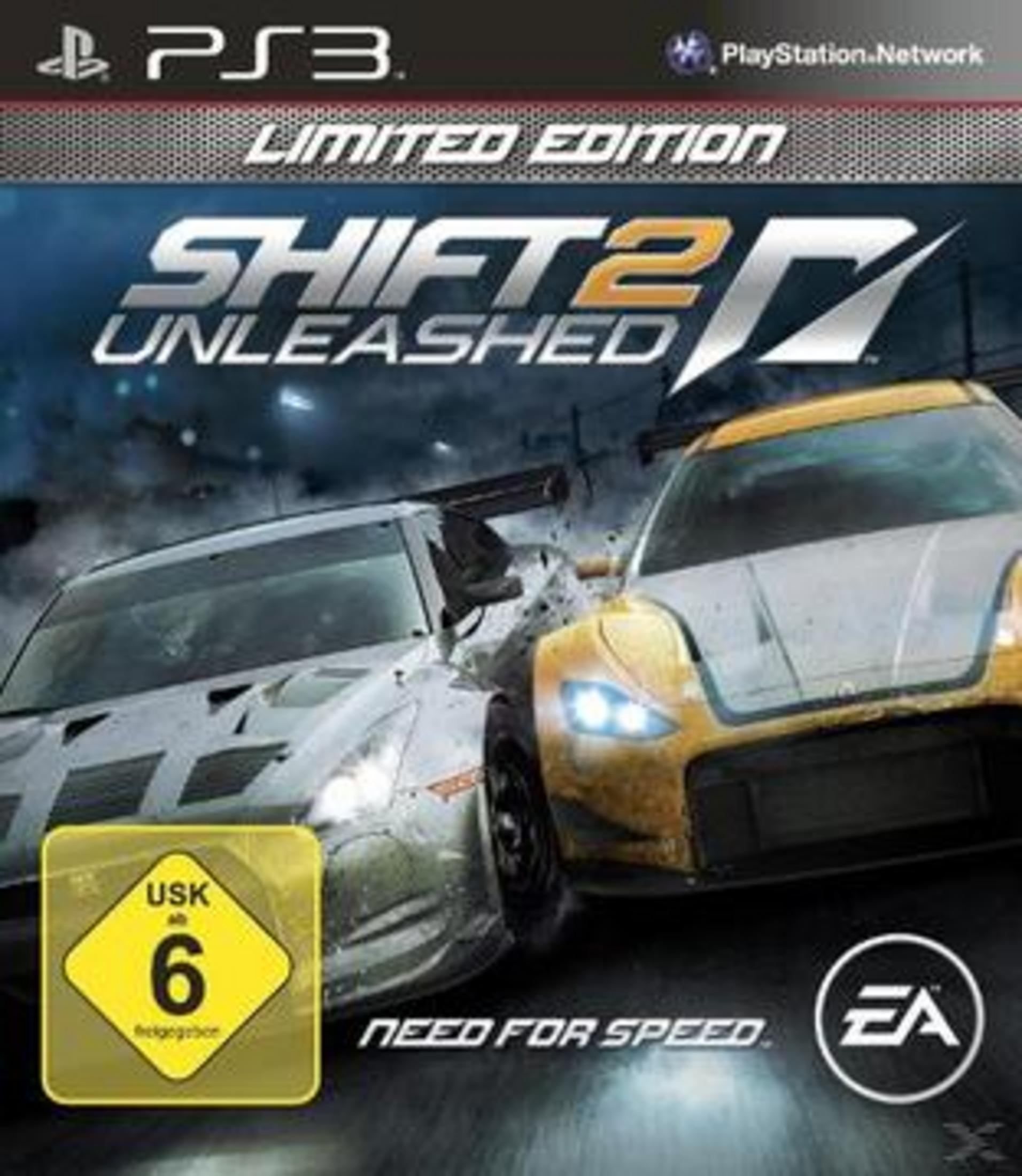 Das Bild zeigt das Cover des PS3-Spiels Shift 2 Unleashed mit zwei Rennwagen.