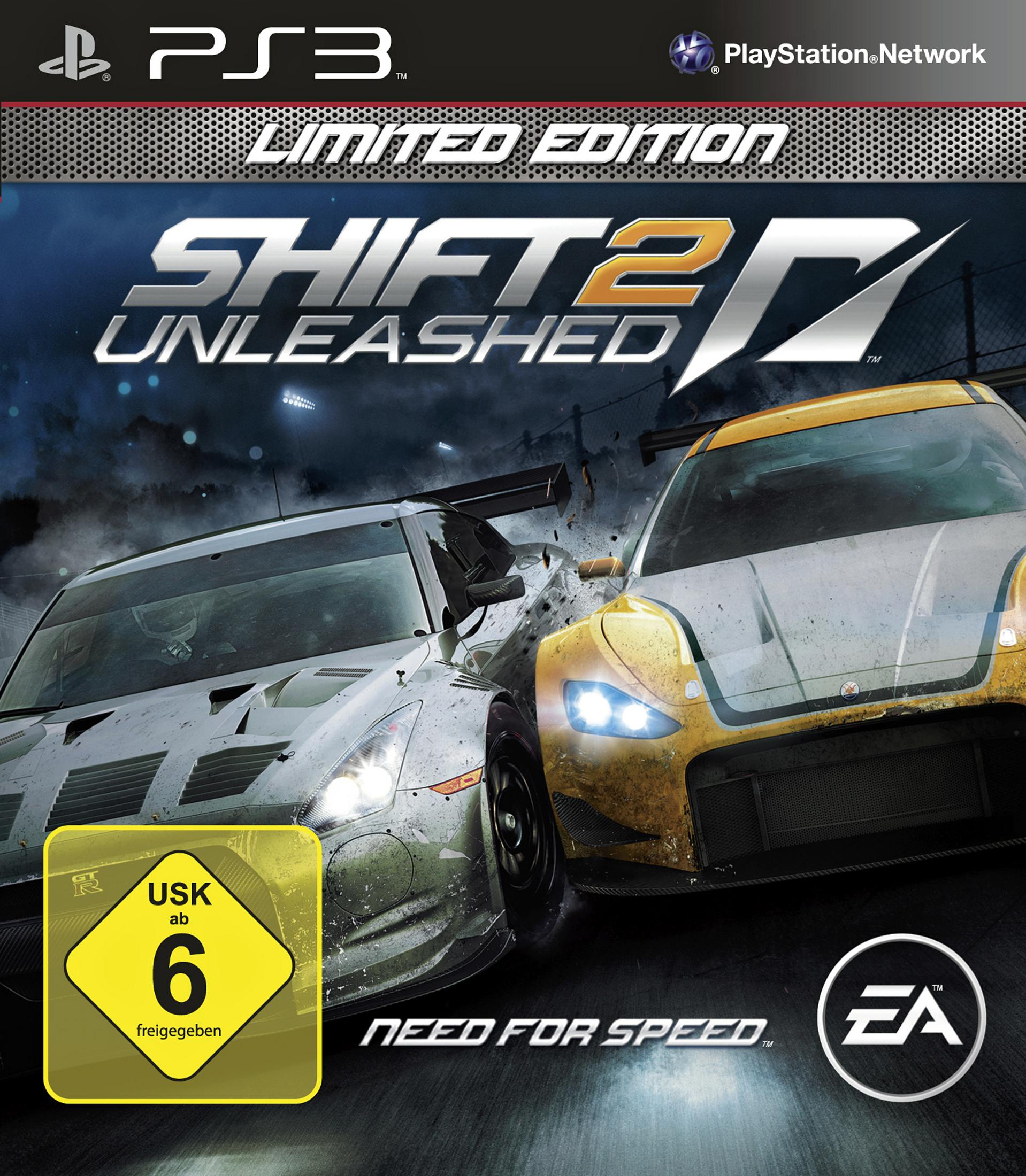 Das Bild zeigt das Cover des PS3-Spiels Shift 2 Unleashed mit zwei Rennwagen.