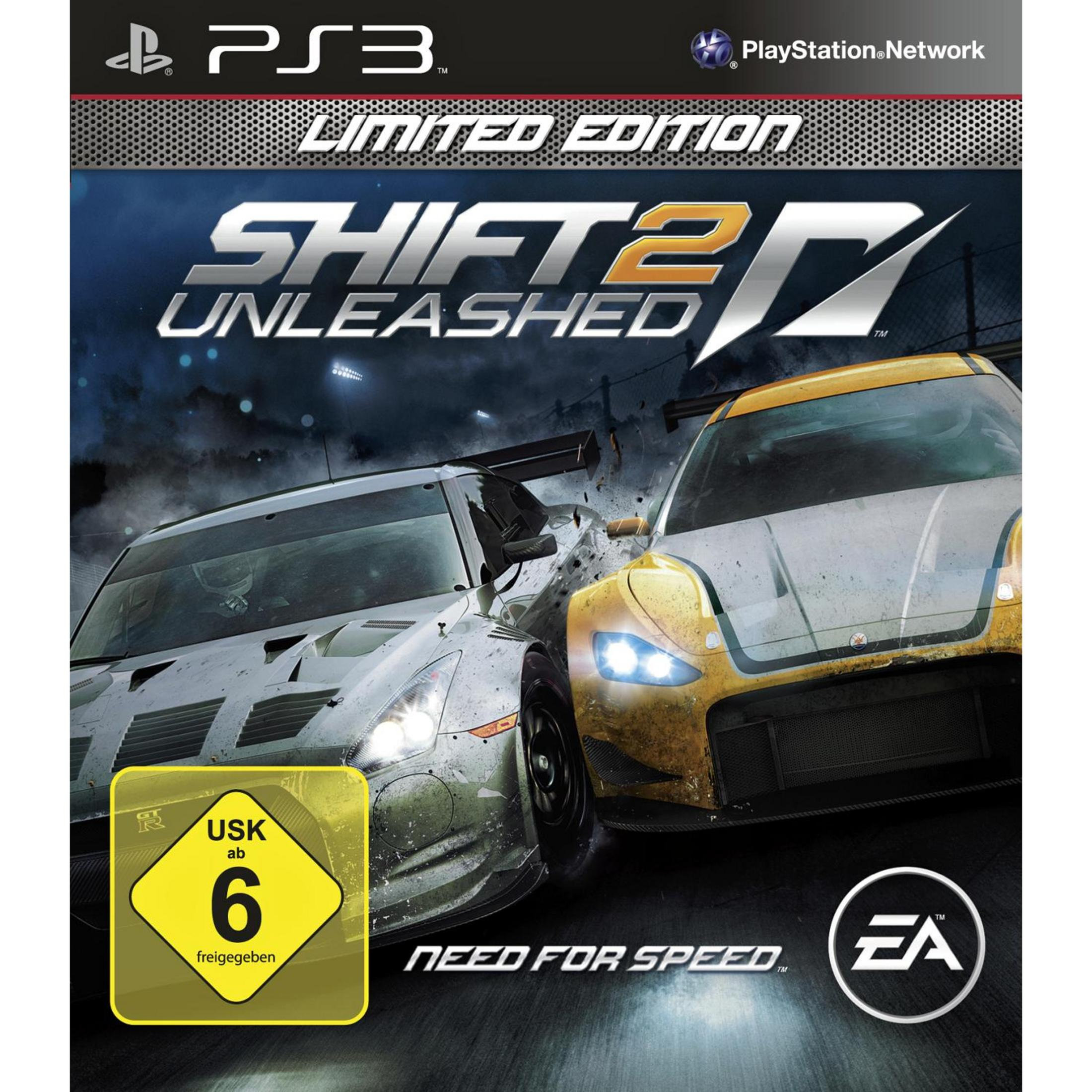 Das Bild zeigt das Cover des PS3-Spiels Shift 2 Unleashed mit zwei Rennwagen.