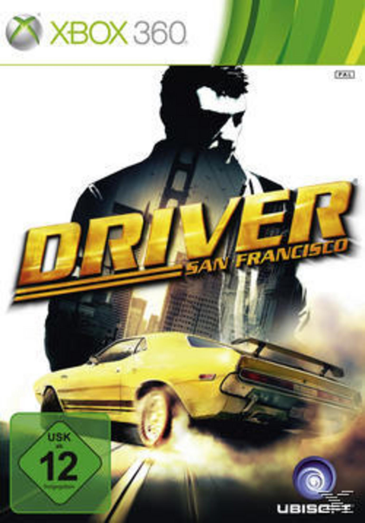 Driver: San Francisco Spielcover mit einem Mann, einem Auto und der Skyline der Stadt im Hintergrund.
