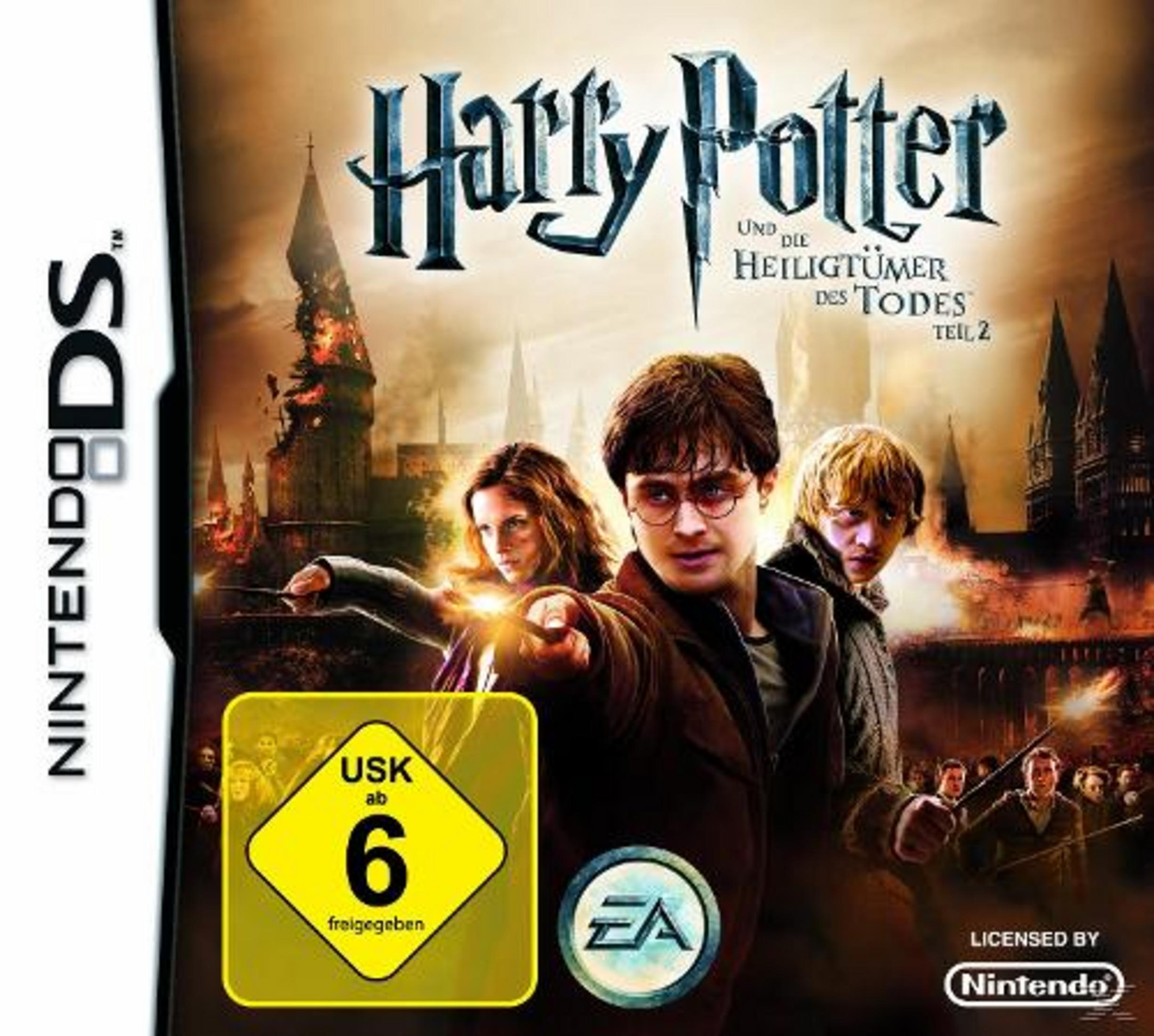 Harry Potter-Spielcover mit Harry, Hermine und Ron mit Zauberstäben vor einem dunklen, rauchigen Hintergrund.