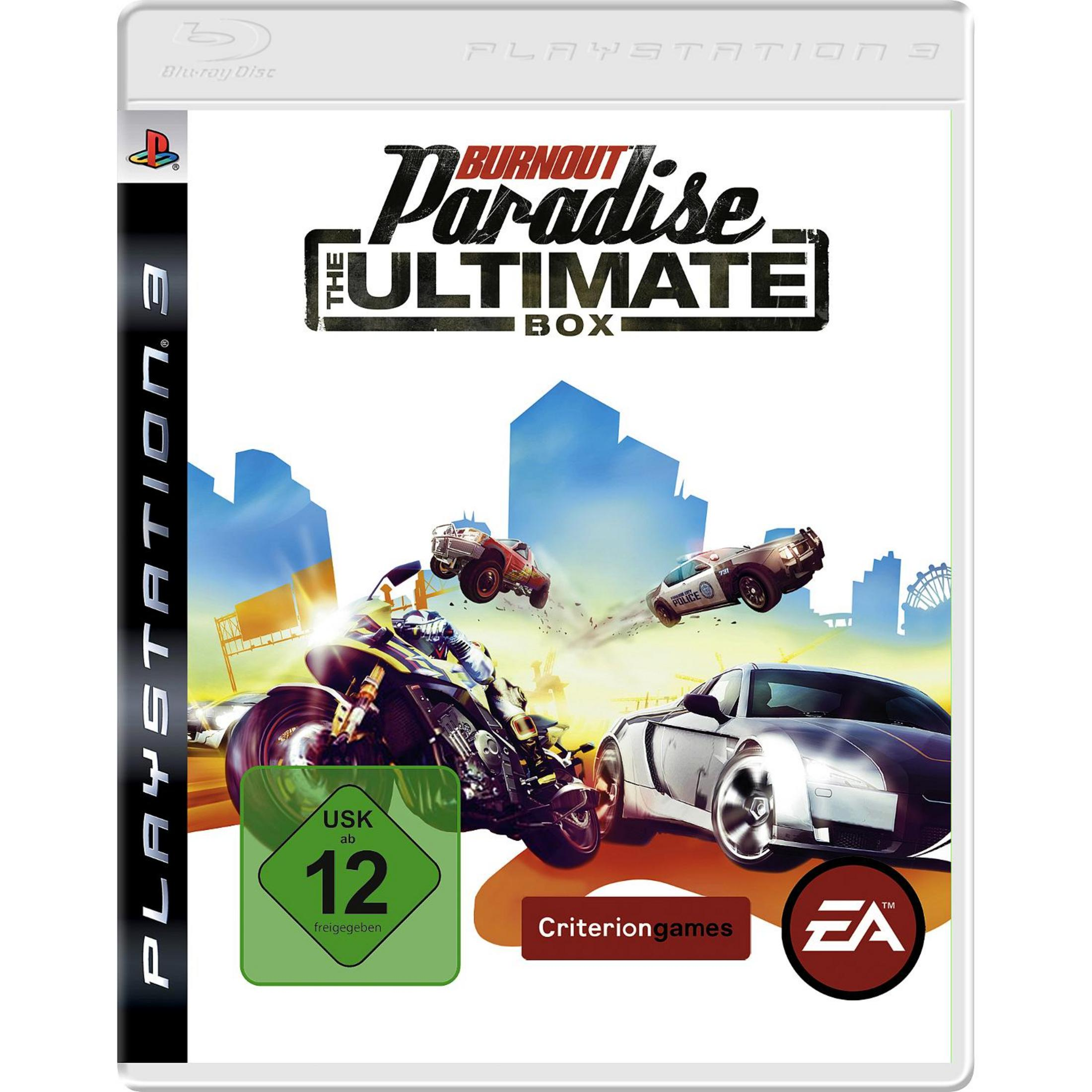 Burnout Paradise: The Ultimate Box-Spielcover mit verschiedenen Autos in einer rasanten Verfolgungsjagd in Paradise City.