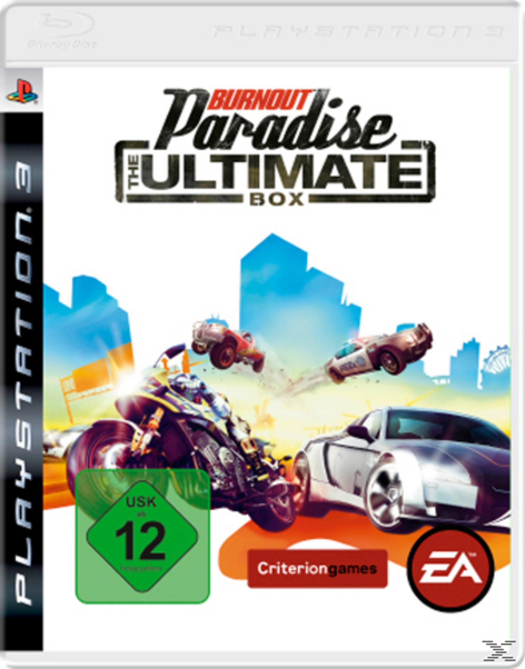 Burnout Paradise: The Ultimate Box-Spielcover mit verschiedenen Autos in einer rasanten Verfolgungsjagd in Paradise City.