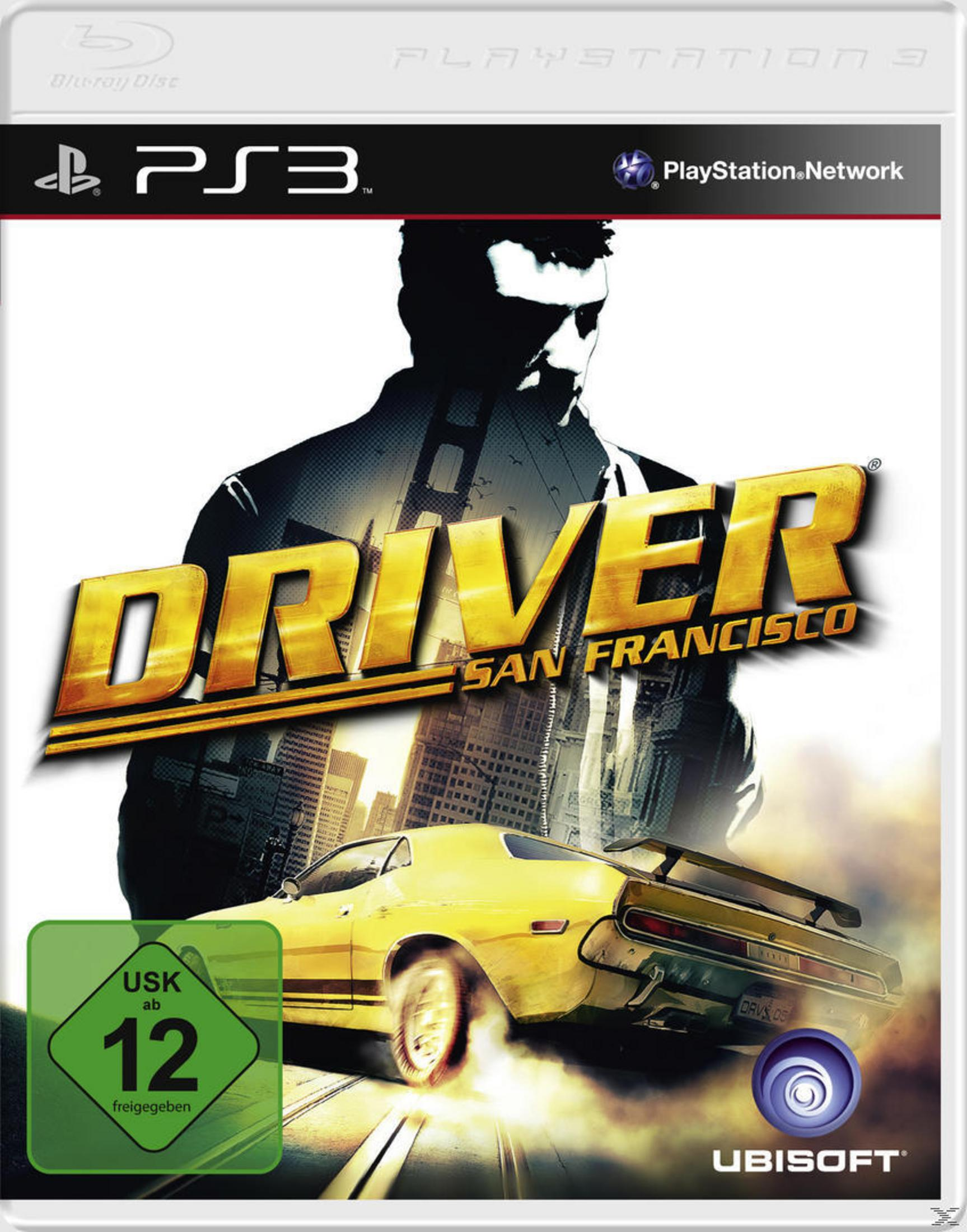 Driver: San Francisco-Spielcover. Ein gelbes Auto fährt in der Stadt, mit einer Mann-Silhouette im Hintergrund.