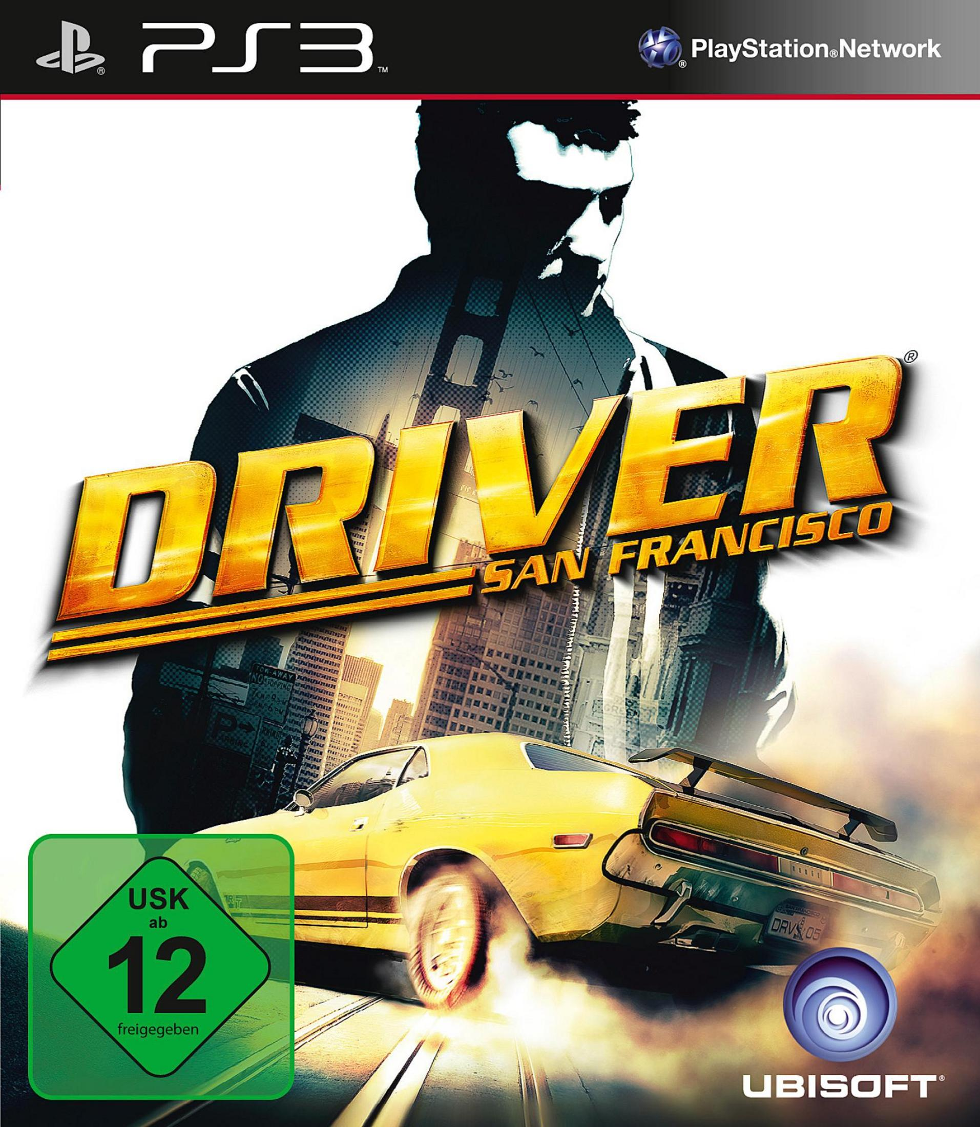 Driver: San Francisco-Spielcover. Ein gelbes Auto fährt in der Stadt, mit einer Mann-Silhouette im Hintergrund.