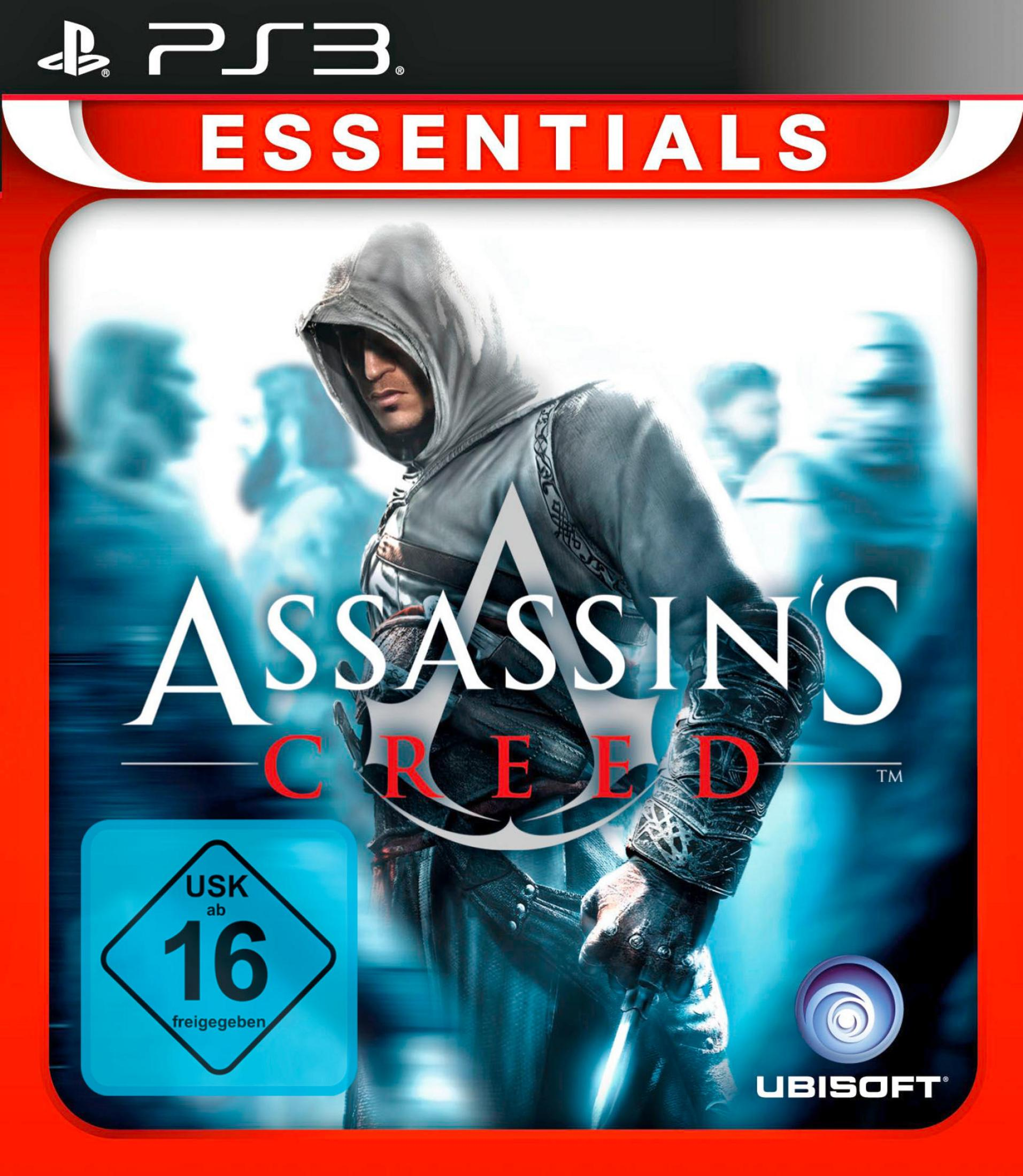 Assassin's Creed-Spielcover: Eine Gestalt mit Kapuze steht prominent vor einem verschwommenen Hintergrund.