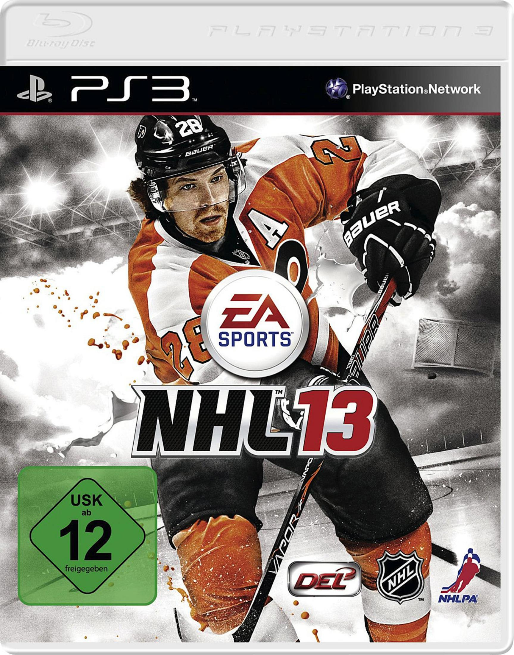 NHL 13 Spielcover mit einem Hockeyspieler in einer orangefarbenen und schwarzen Uniform mit einem Hockeyschläger.
