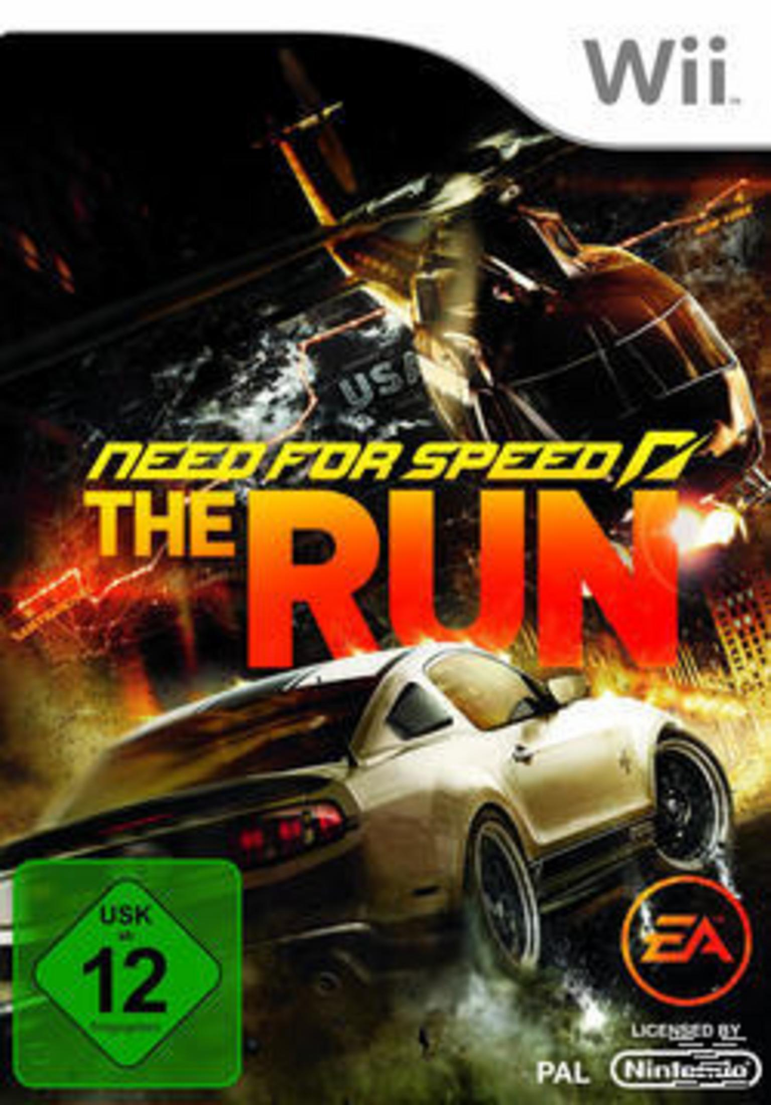 Spielcover mit einem weißen Sportwagen und einem Jet mit dem Titel "Need for Speed: The Run".