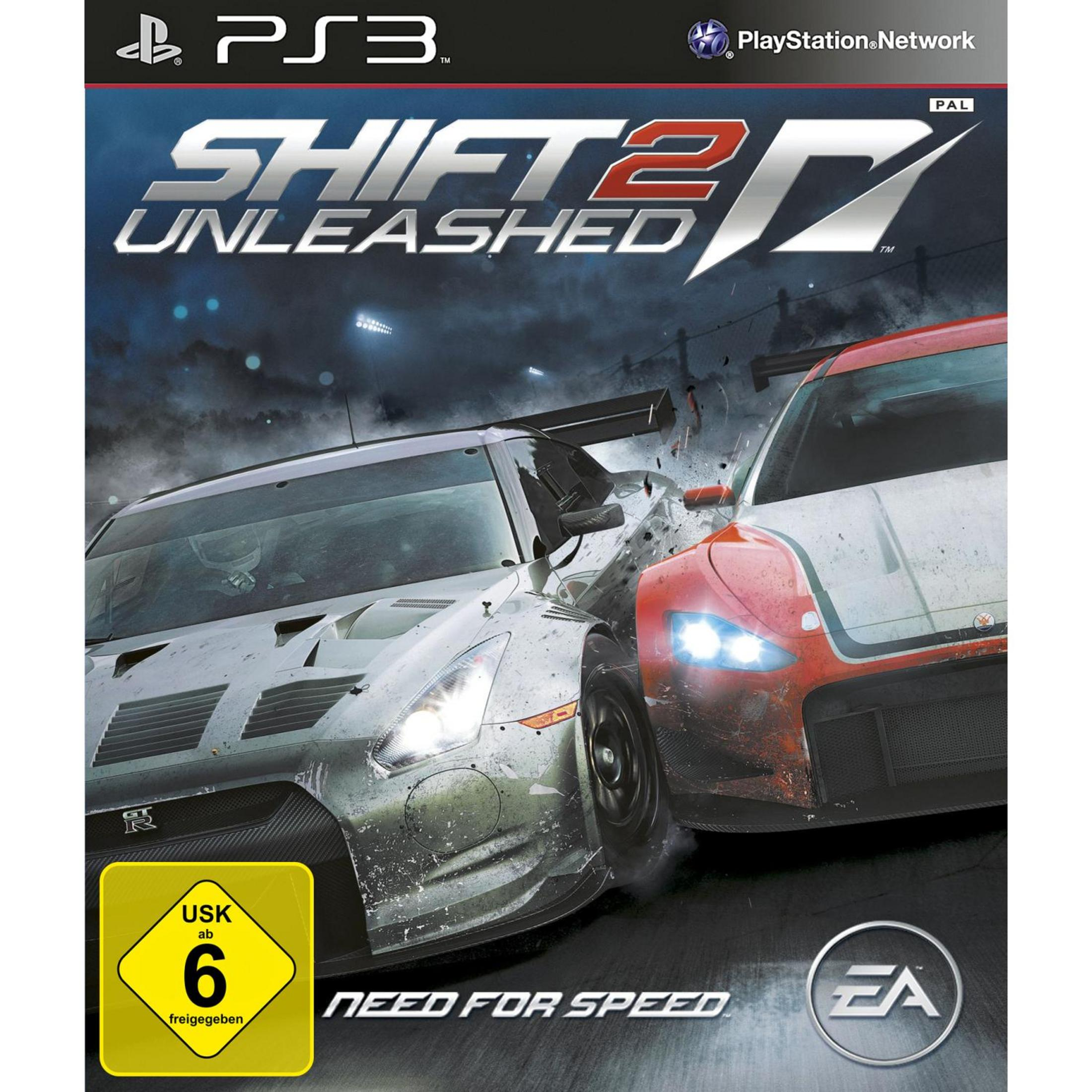 Spielcover mit zwei Rennwagen mit dem Titel „Shift 2 Unleashed“ für PlayStation 3.