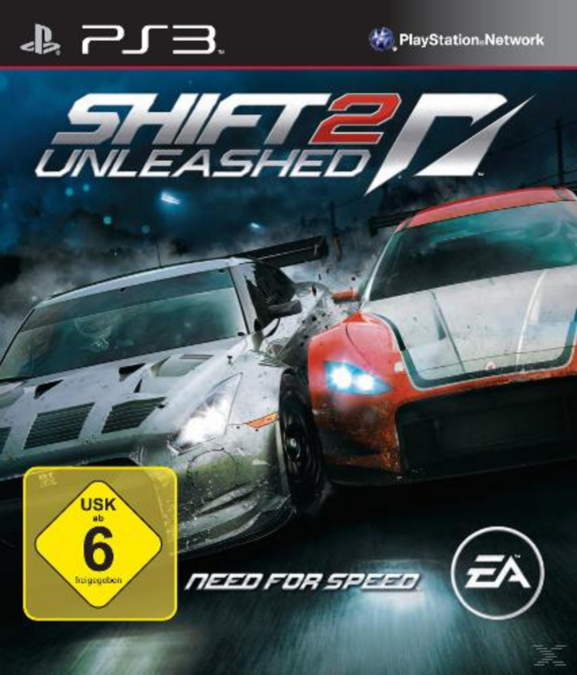 Spielcover mit zwei Rennwagen mit dem Titel „Shift 2 Unleashed“ für PlayStation 3.