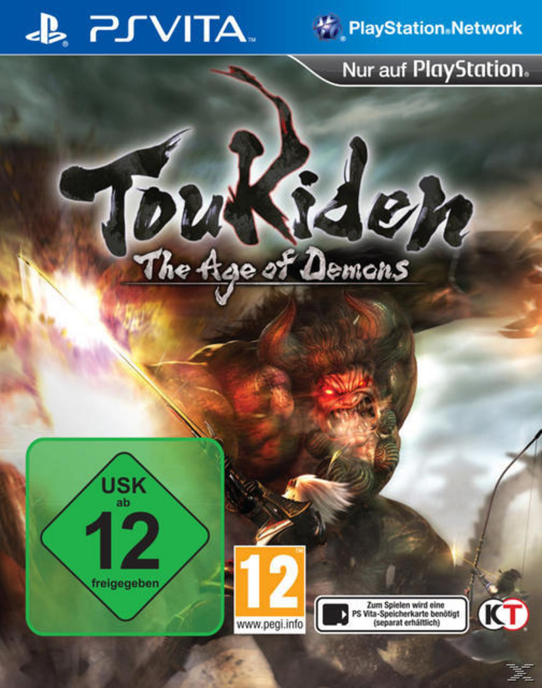 Das Cover eines Videospiels namens Toukiden: The Age of Demons, mit einem Dämon und einem Krieger.