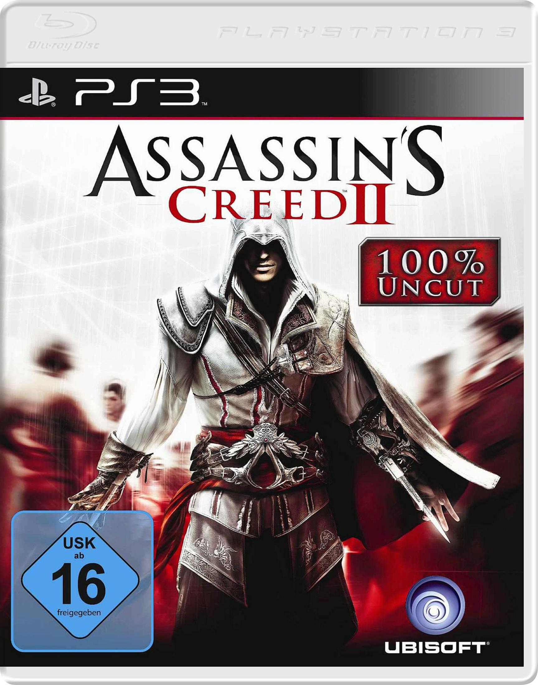Spielcover für Assassin's Creed II mit einer Kapuzenfigur in weißer und roter Kleidung.