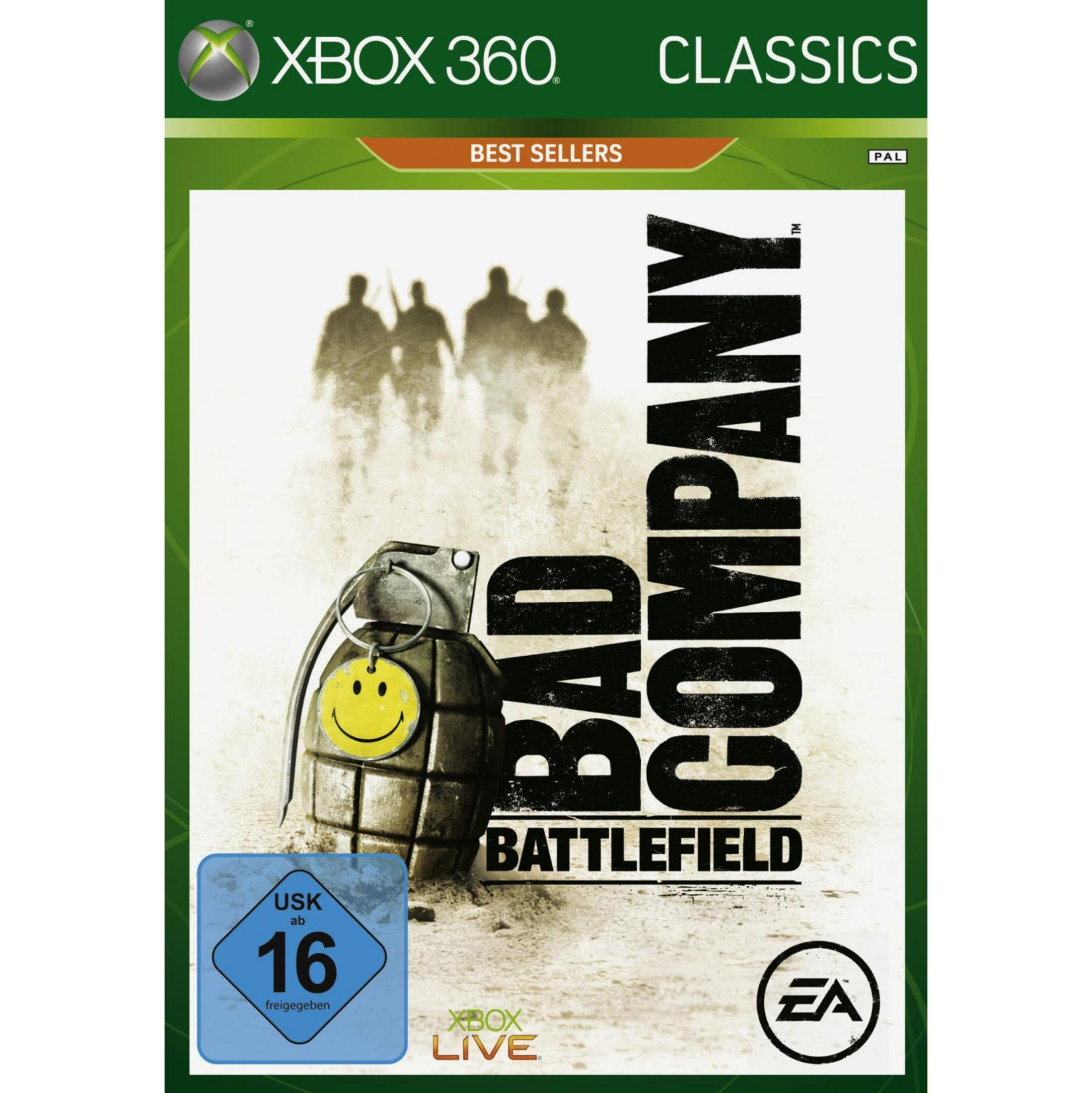 "Battlefield: Bad Company"-Spielcover auf Xbox 360 mit einer Granate mit Smiley-Gesicht vor einer Wüstenkulisse.