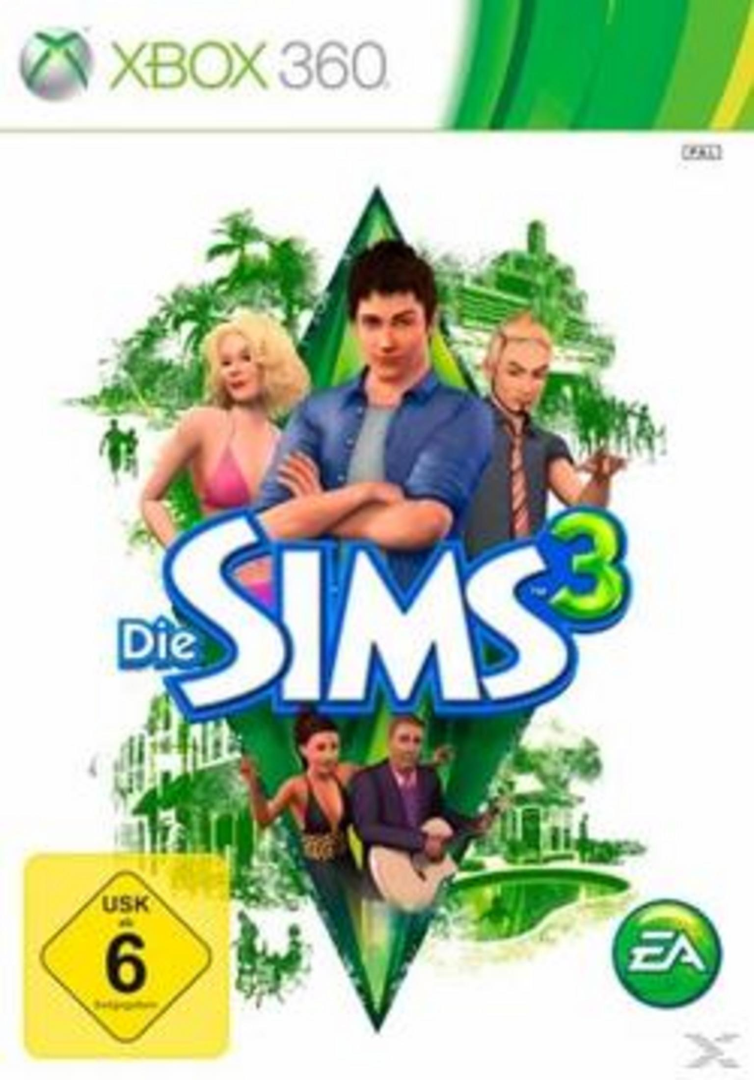 "Die Sims 3"-Spielcover auf Xbox 360 mit verschiedenen Sim-Charakteren vor einem grünen, tropischen Hintergrund.