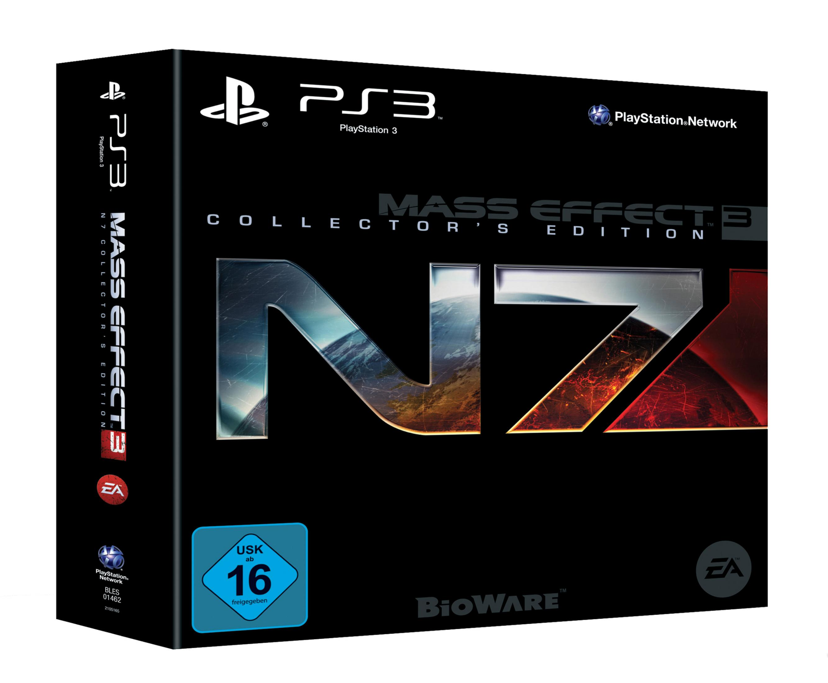 Mass Effect 3 Collector's Edition Spielbox. Schwarze Box mit Spiel-Logo und Details.