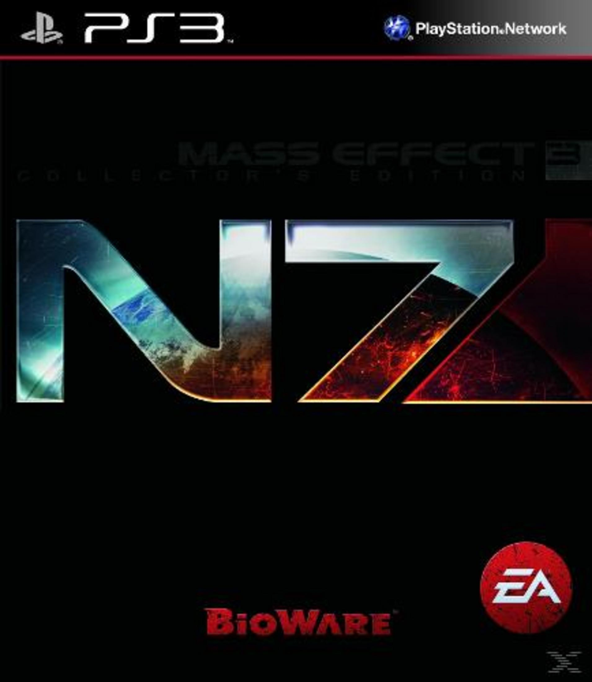 Mass Effect 3-Spielcover. Schwarzer Hintergrund mit dem Spiel-Logo in Orange, Blau und Weiß.