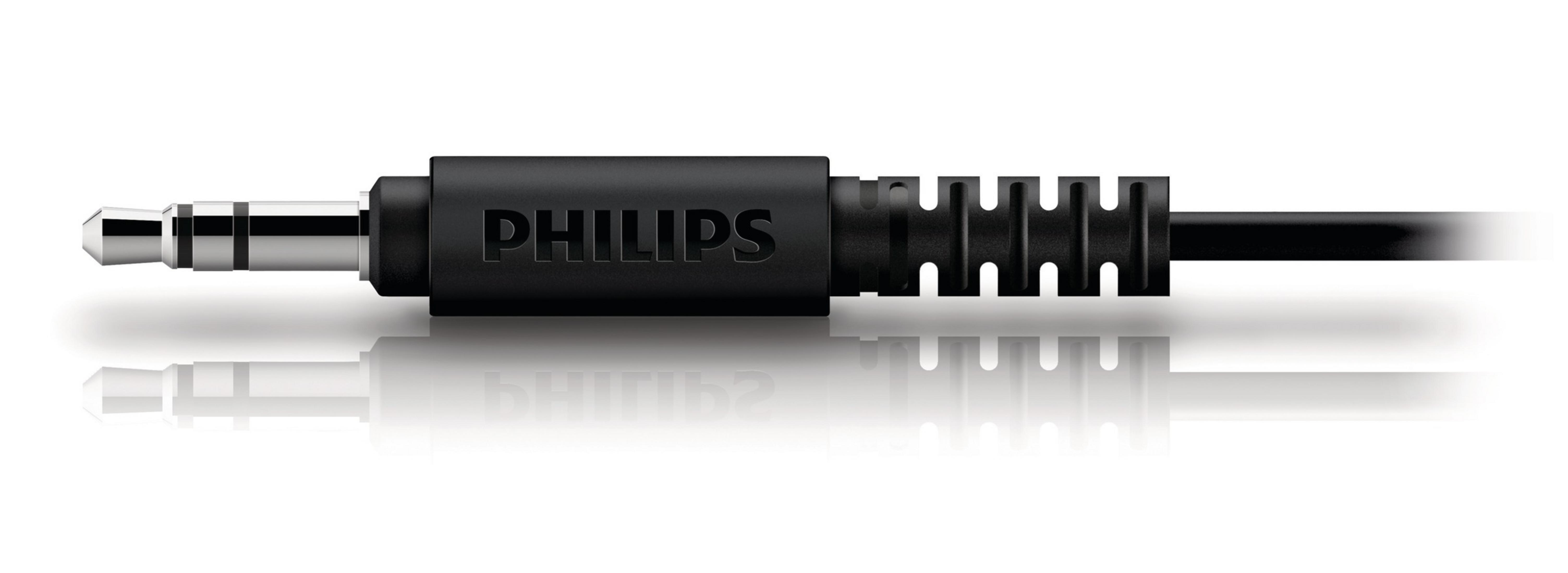Conector de auriculares negro de 3,5 mm sobre fondo blanco. La palabra 'PHILIPS' está impresa.