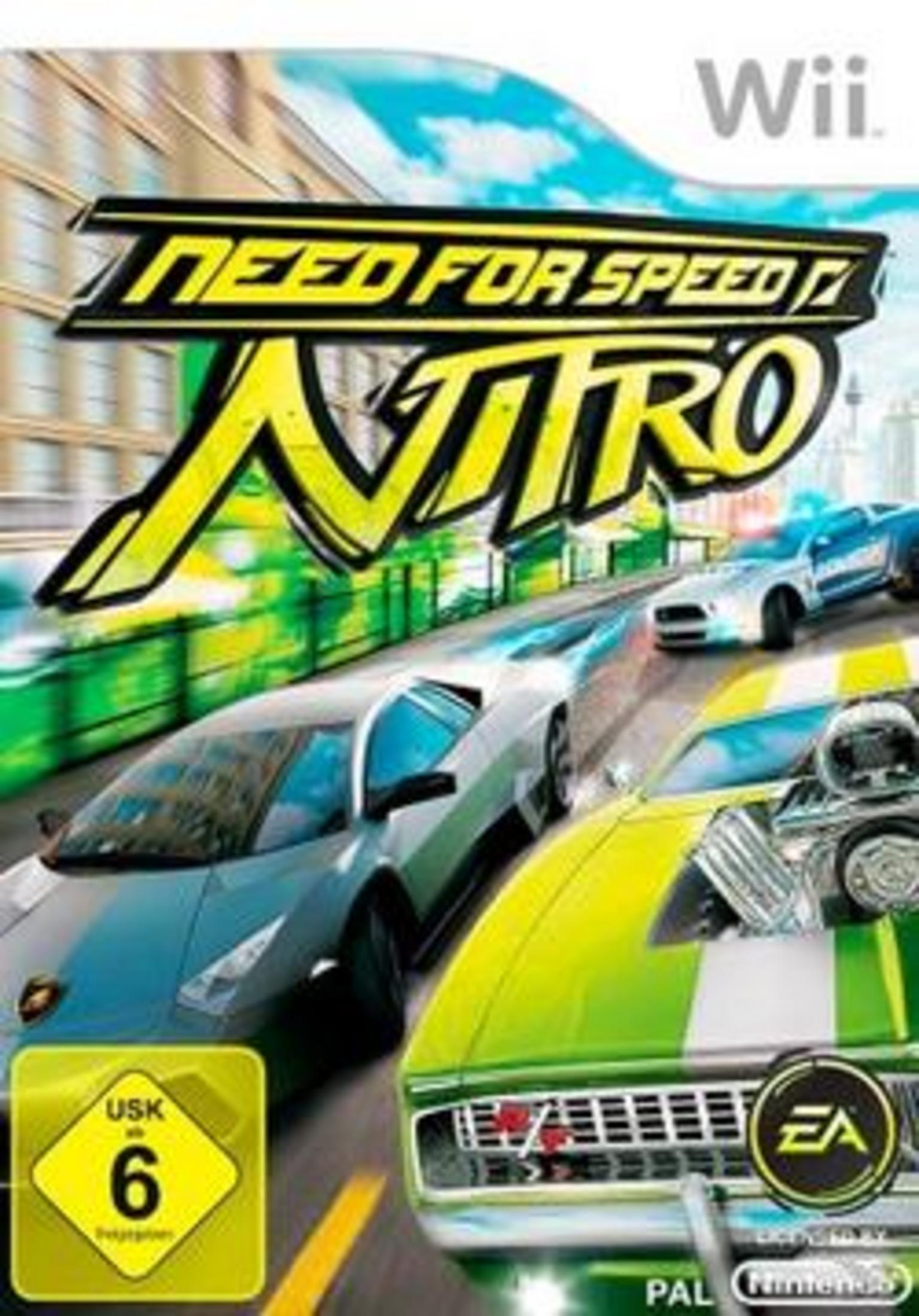 Spielcover: Need for Speed Nitro für Wii. Mit Rennwagen und dem Spieltitel in fetten gelben Buchstaben.