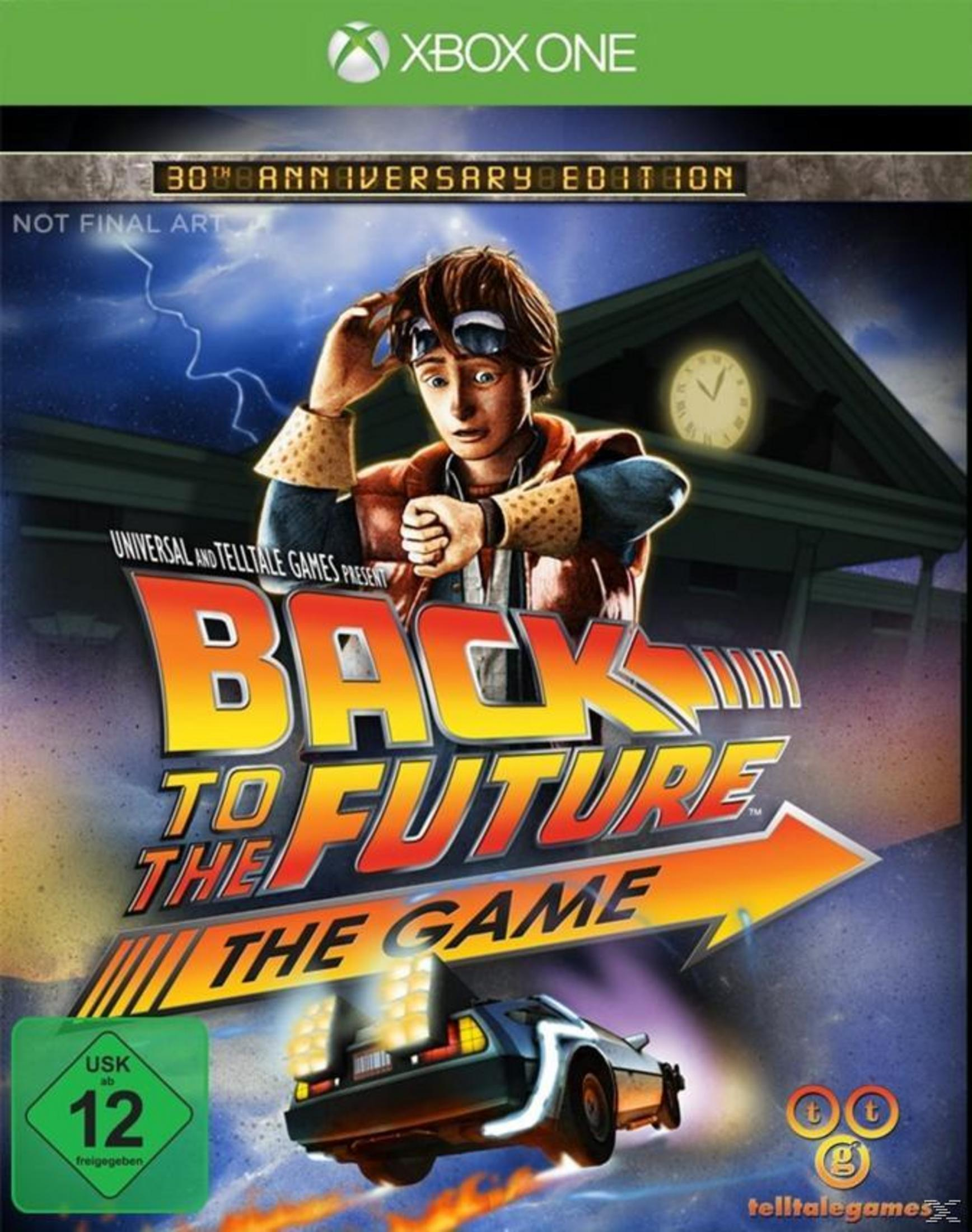 Back to the Future-Spielcover mit Marty McFly, der auf seine Uhr schaut, DeLorean und Blitze im Hintergrund.