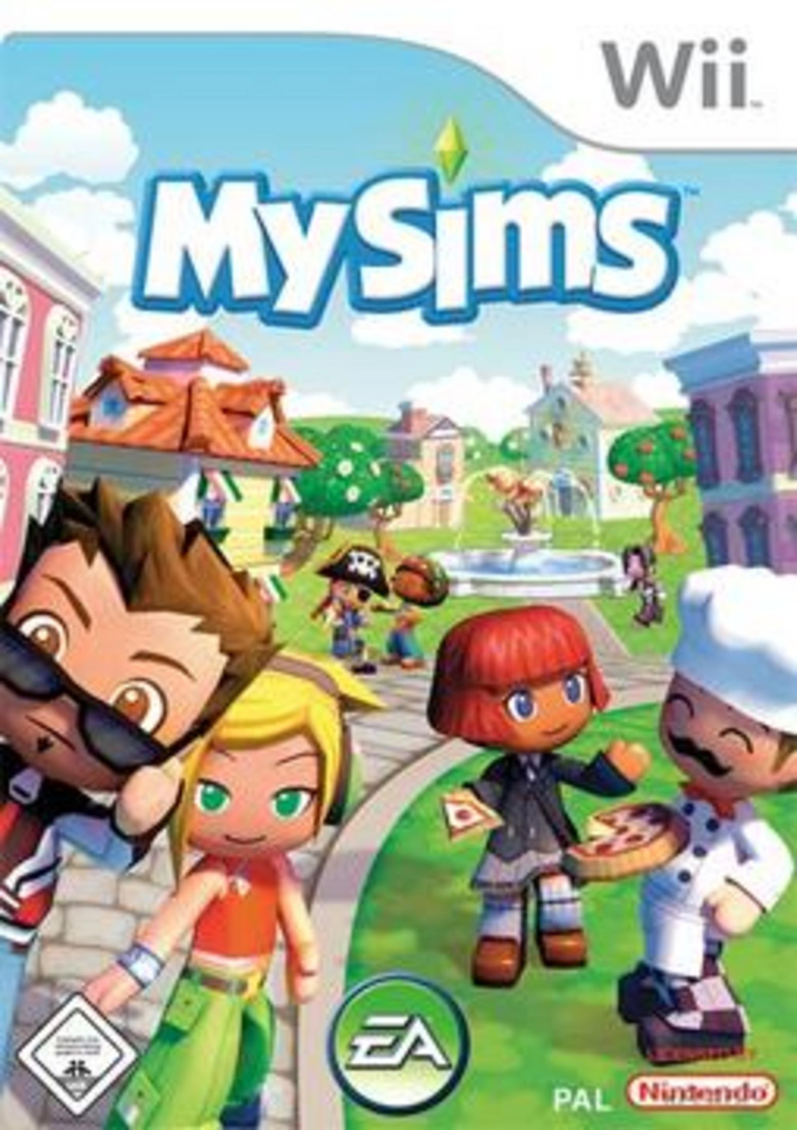 Das Cover des MySims Wii-Spiels zeigt Comicfiguren in einer Stadt mit Häusern und einem Brunnen.