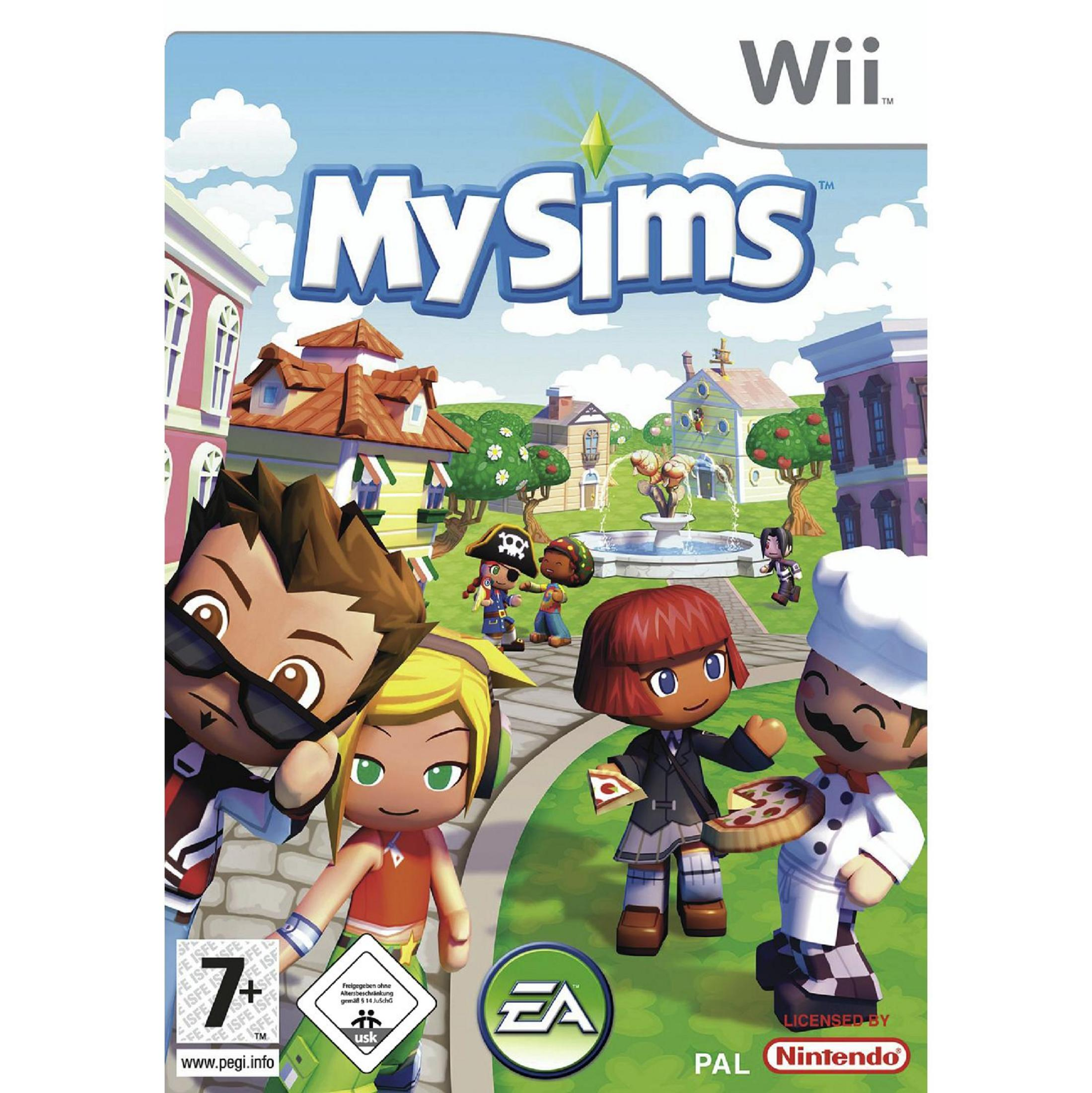 MySims Wii-Spielcover: Comicfiguren in einer Stadt mit Häusern und einem Brunnen unter blauem Himmel.