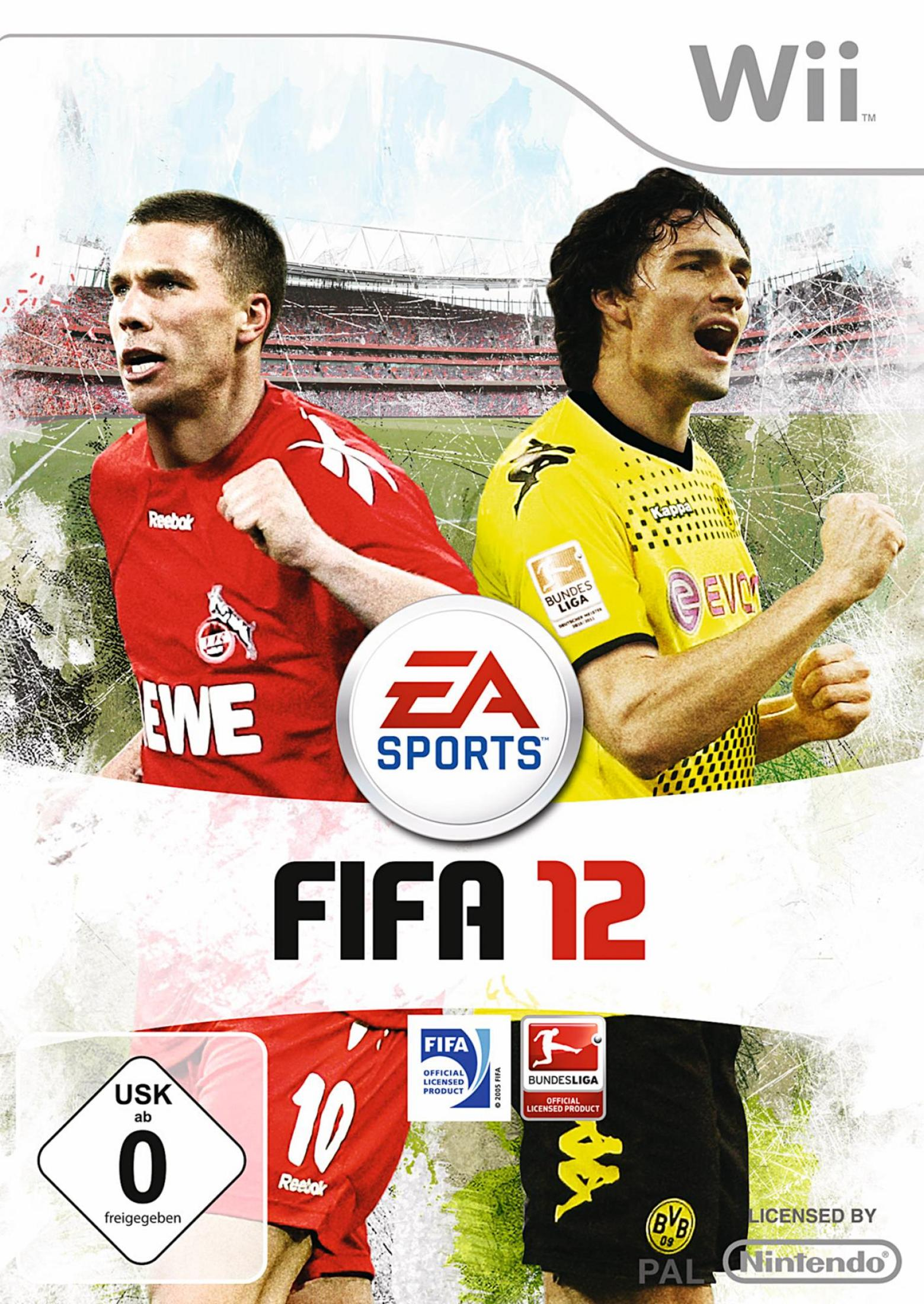 FIFA 12 Wii-Spielcover mit zwei Fußballspielern in roten und gelben Trikots vor einem Stadionhintergrund.