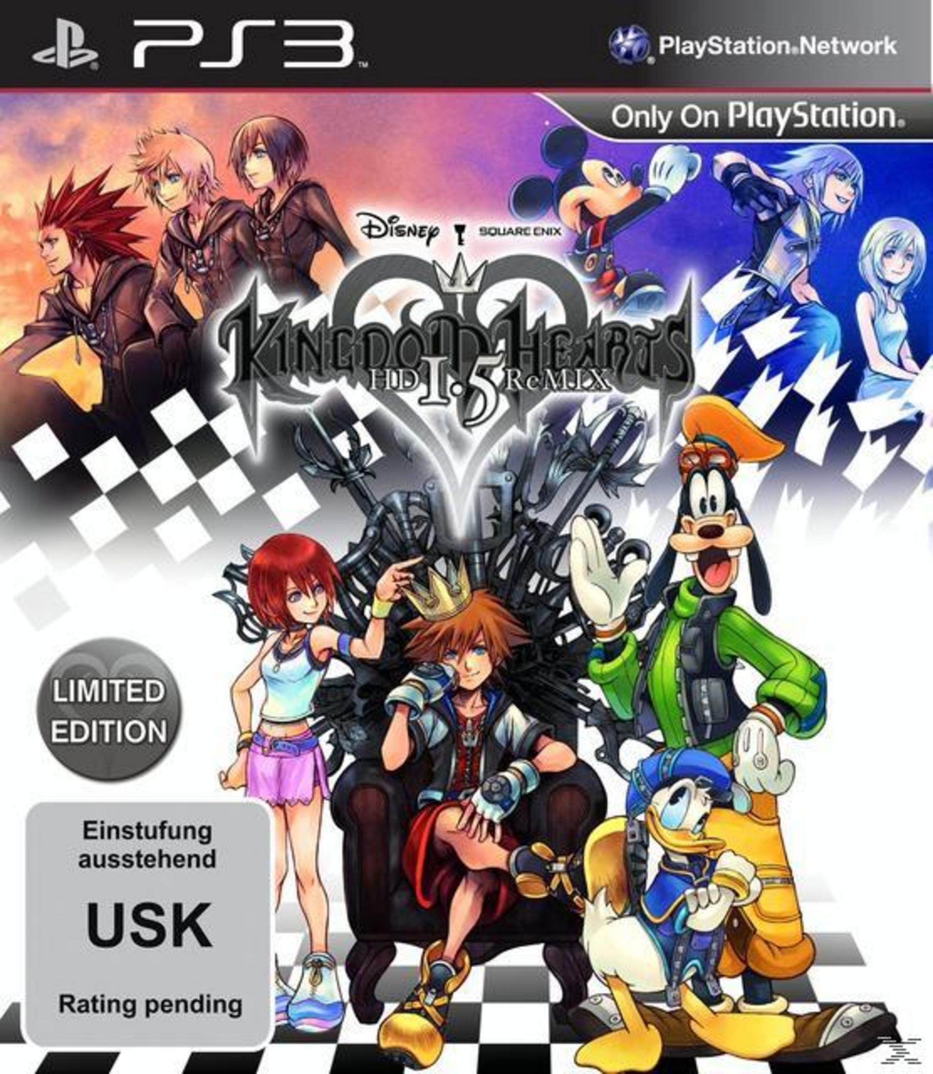 Das Videospielcover zeigt verschiedene Comicfiguren wie Mickey Mouse und Donald Duck. Der Titel des Spiels ist 'Kingdom Hearts HD 1.5 Remix' für PS3.