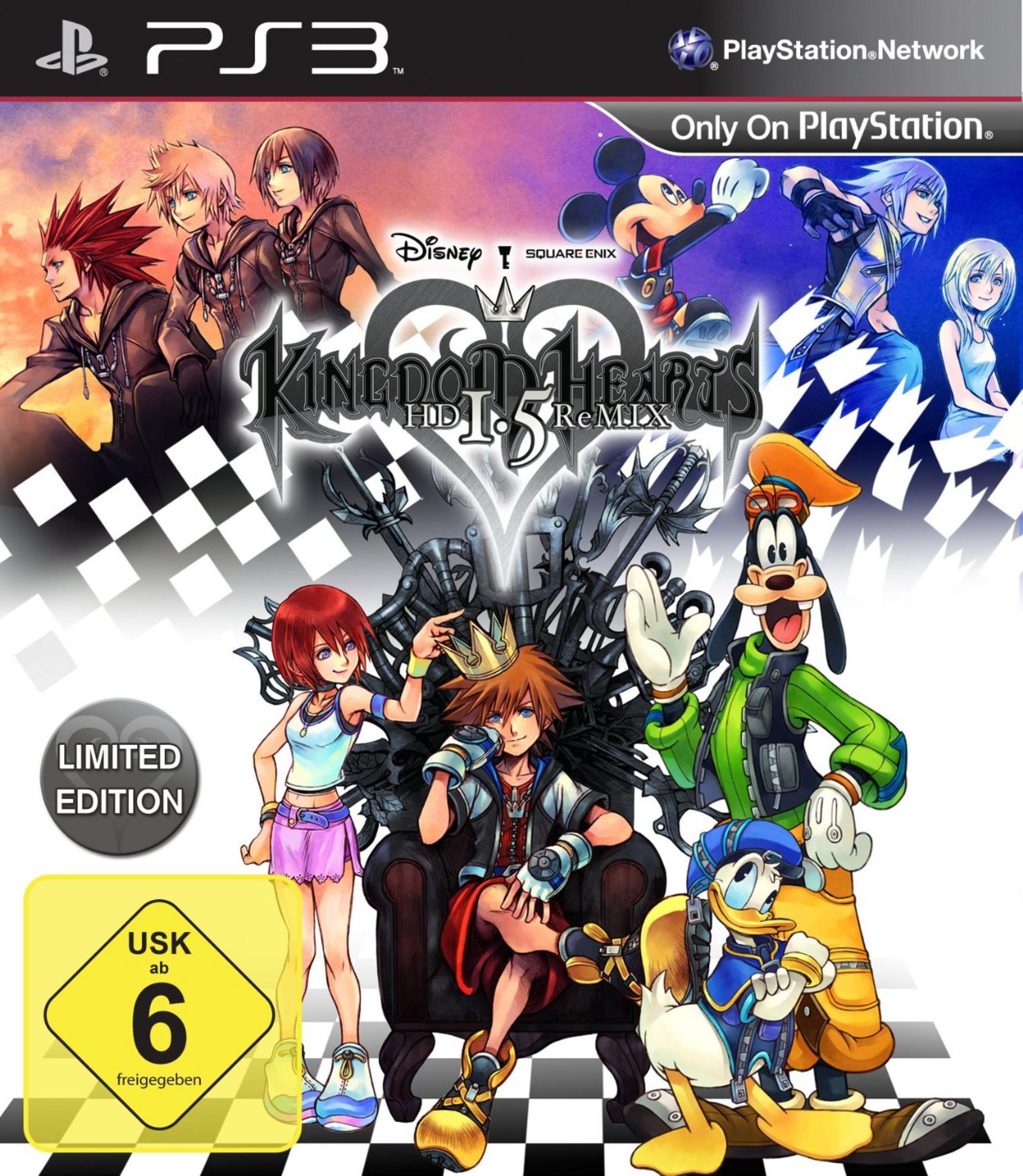Das Videospielcover zeigt verschiedene Comicfiguren wie Mickey Mouse und Donald Duck. Der Titel des Spiels ist 'Kingdom Hearts HD 1.5 Remix' für PS3.