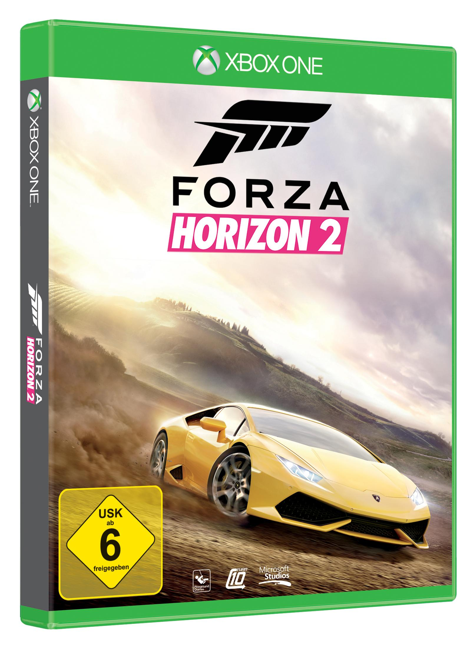 Forza Horizon 2 Xbox One-Spielcover mit einem gelben Sportwagen, der auf einer unbefestigten Straße in einer sonnigen Landschaft fährt.